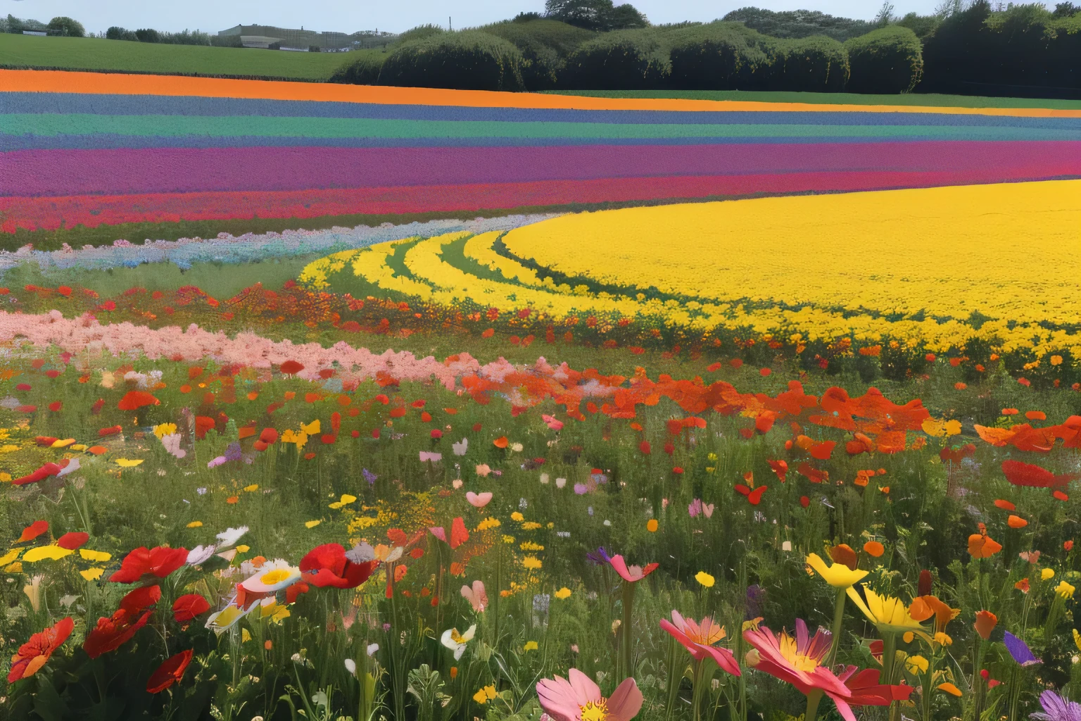 a flower field with a blue sky in the background, flower field, an aesthetic flower field, Very colorful, flower fields, 混合flower field, flower field, with flower fields as foreground, colorful, There are flowers everywhere, There are flowers everywhere, Vivid and colorful, flower field, Vibrant and colorful, 非常colorful, very colorful, standing in flower field