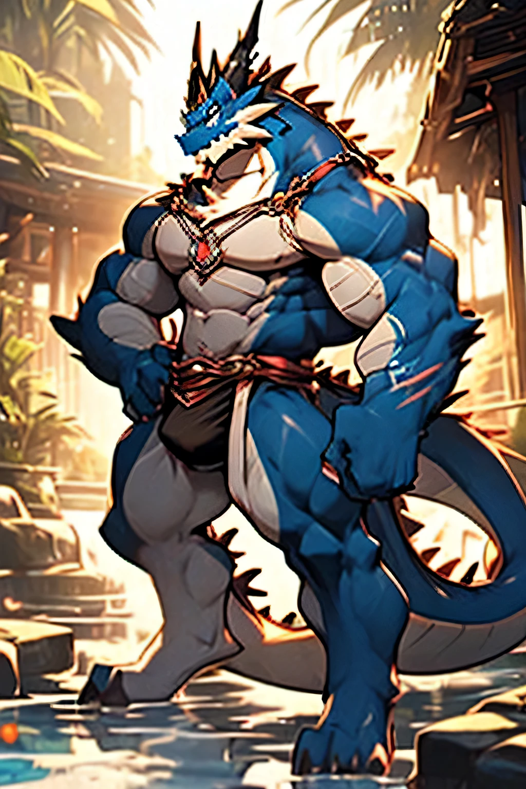 Half the body soaked in the hot spring,Half of the body is exposed, Black skin and black and blue dragon,high, Thick legs, long legs, Detailed crotch, Big golden eyes bulge brightly,toned body,Domineering and rigorous personality,,Handsome and charming,,full of sexual tension,The tail of the blue dragon cannot be too big or too small,A serious look,bubble hot spring,