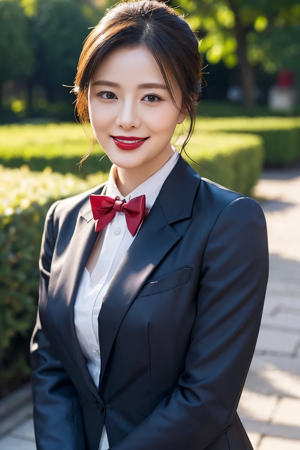 ((top quality、8k、masterpiece:1.3))、sharp focus, High level of image quality, high resolution，Draw lips correctly, red lipstick, from chest up, best quality, Super detailed, lifelike, Super fine skin, perfect anatomy, (Chinese women), (alone)，gray shirt，Buttons clearly visible，red bow tie，blue blazer，27-year-old woman，Mature，charming smile，The face is chubby，hair tied up，Slightly fat body，garden background
