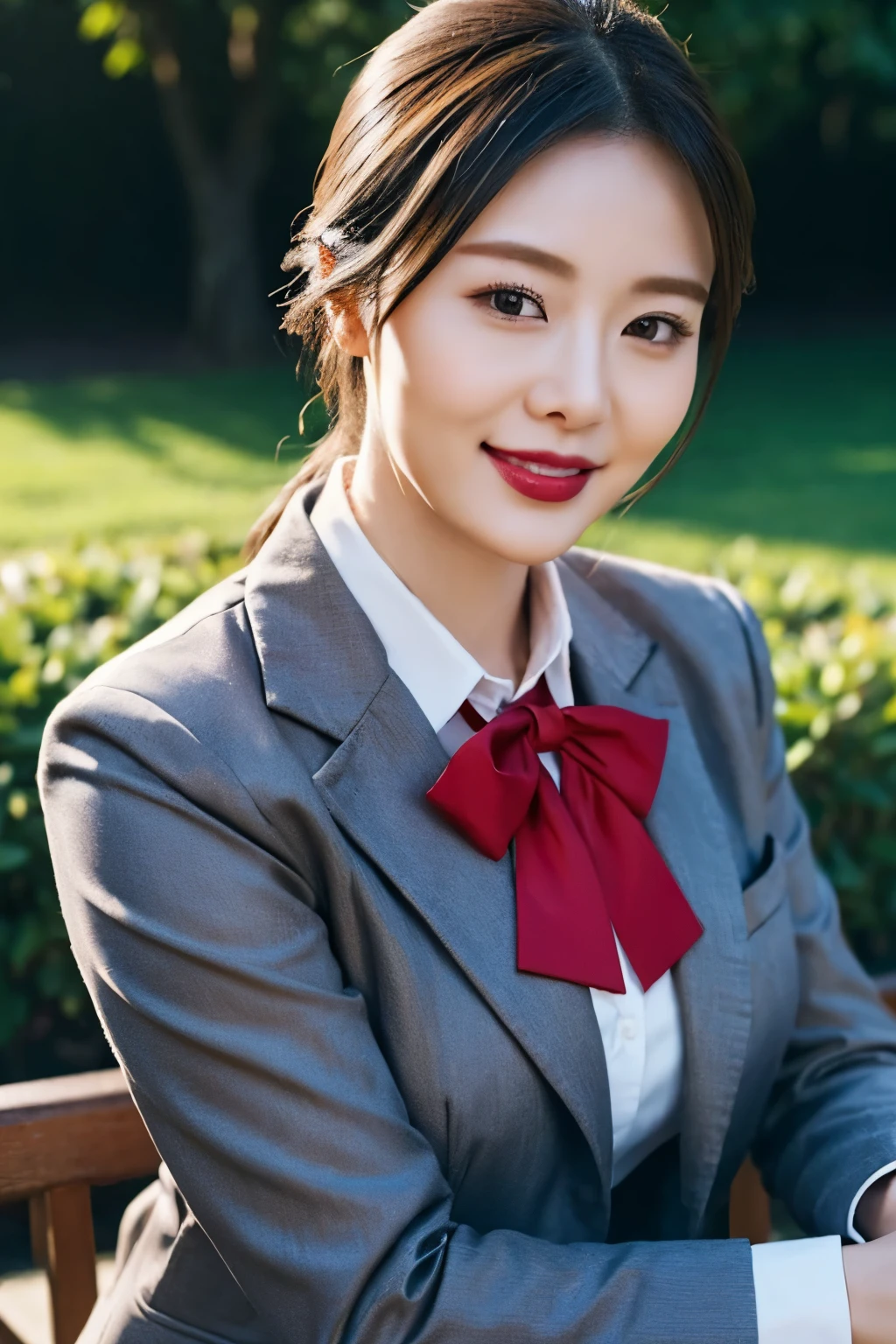 ((top quality、8k、masterpiece:1.3))、sharp focus, High level of image quality, high resolution,Draw lips correctly, red lipstick, from chest up, best quality, Super detailed, lifelike, Super fine skin, perfect anatomy, (Chinese women), (alone),gray shirt,Buttons clearly visible,red bow tie,blue blazer,27-year-old woman,Mature,charming smile,The face is chubby,hair tied up,Slightly fat body,garden background