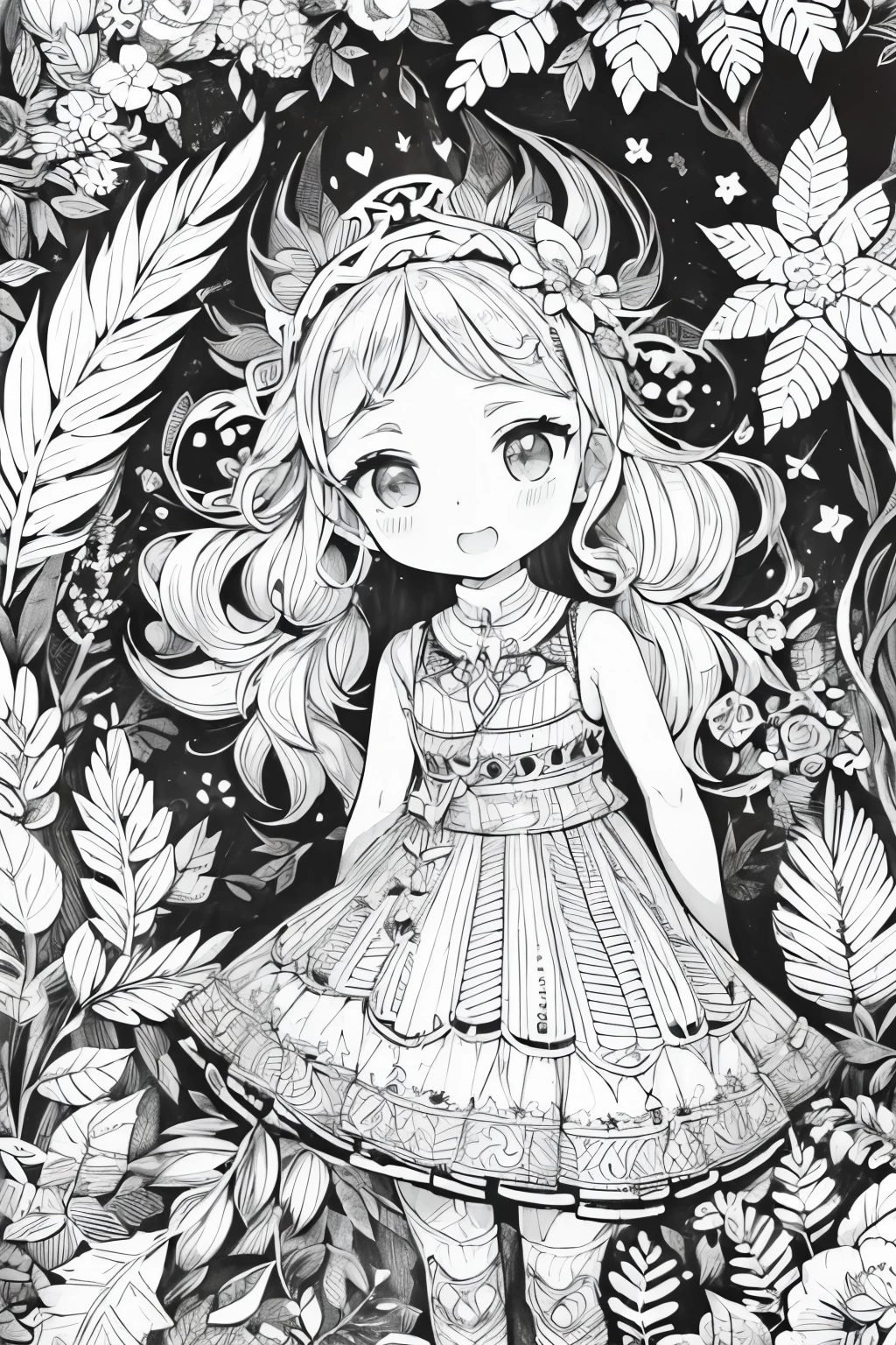 (A black and white coloring book:1.5),cute forest fairy,It has transparent feathers,simplification