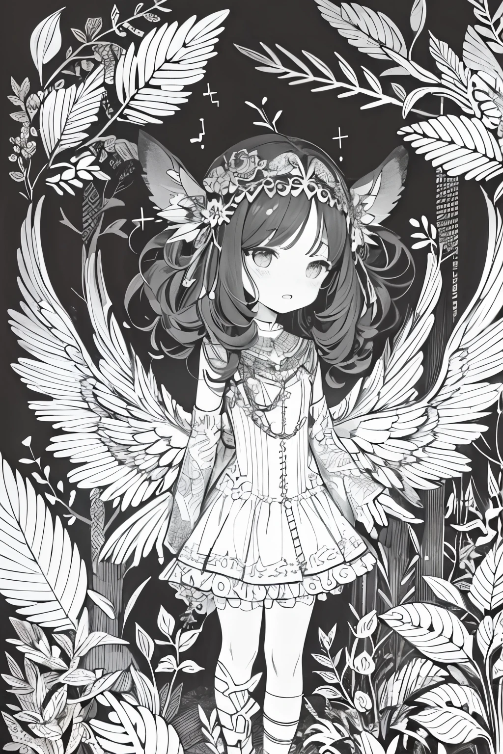 (A black and white coloring book:1.5),cute forest fairy,It has transparent feathers,simplification