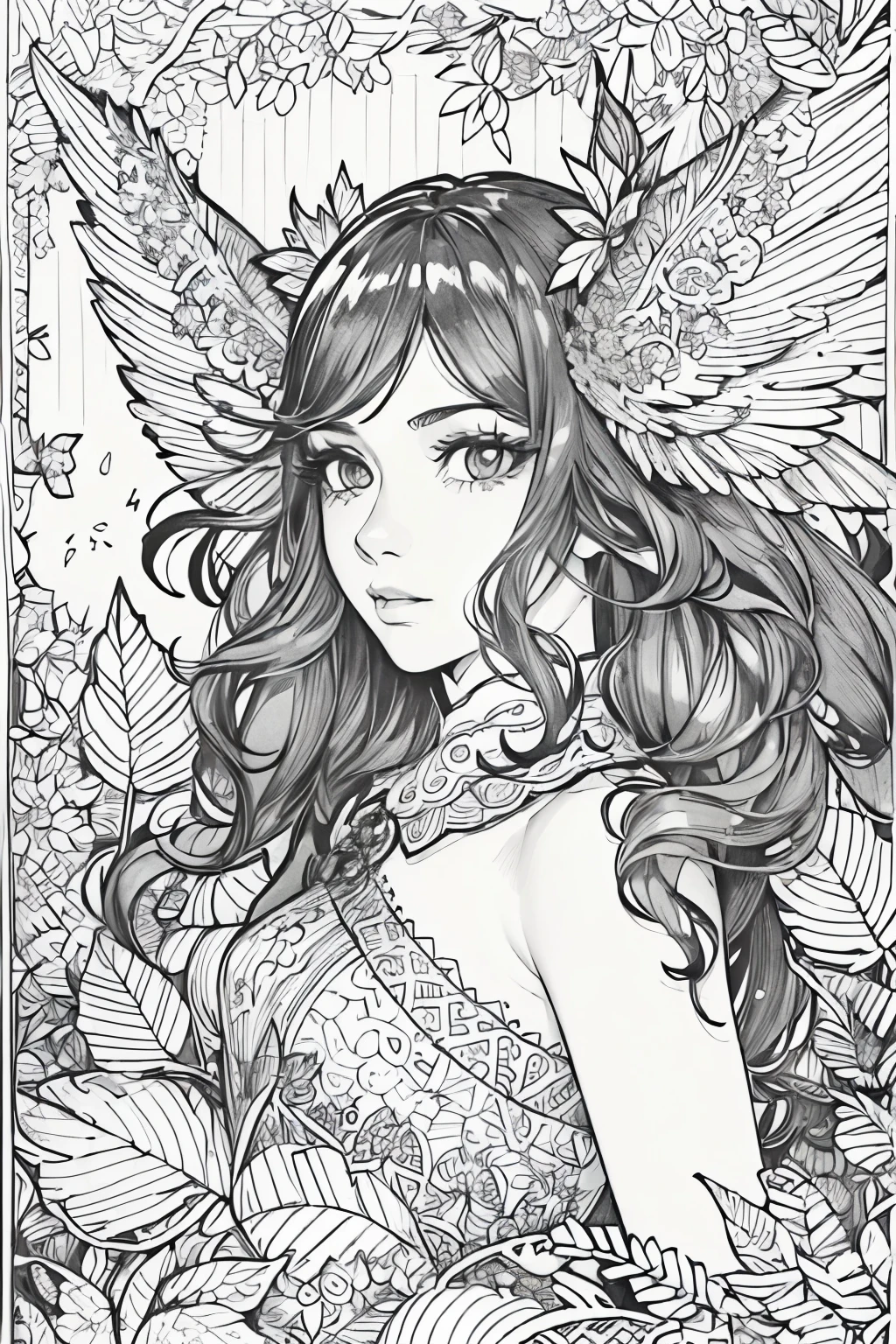 (A black and white coloring book:1.5),cute forest fairy,It has transparent feathers,simplification