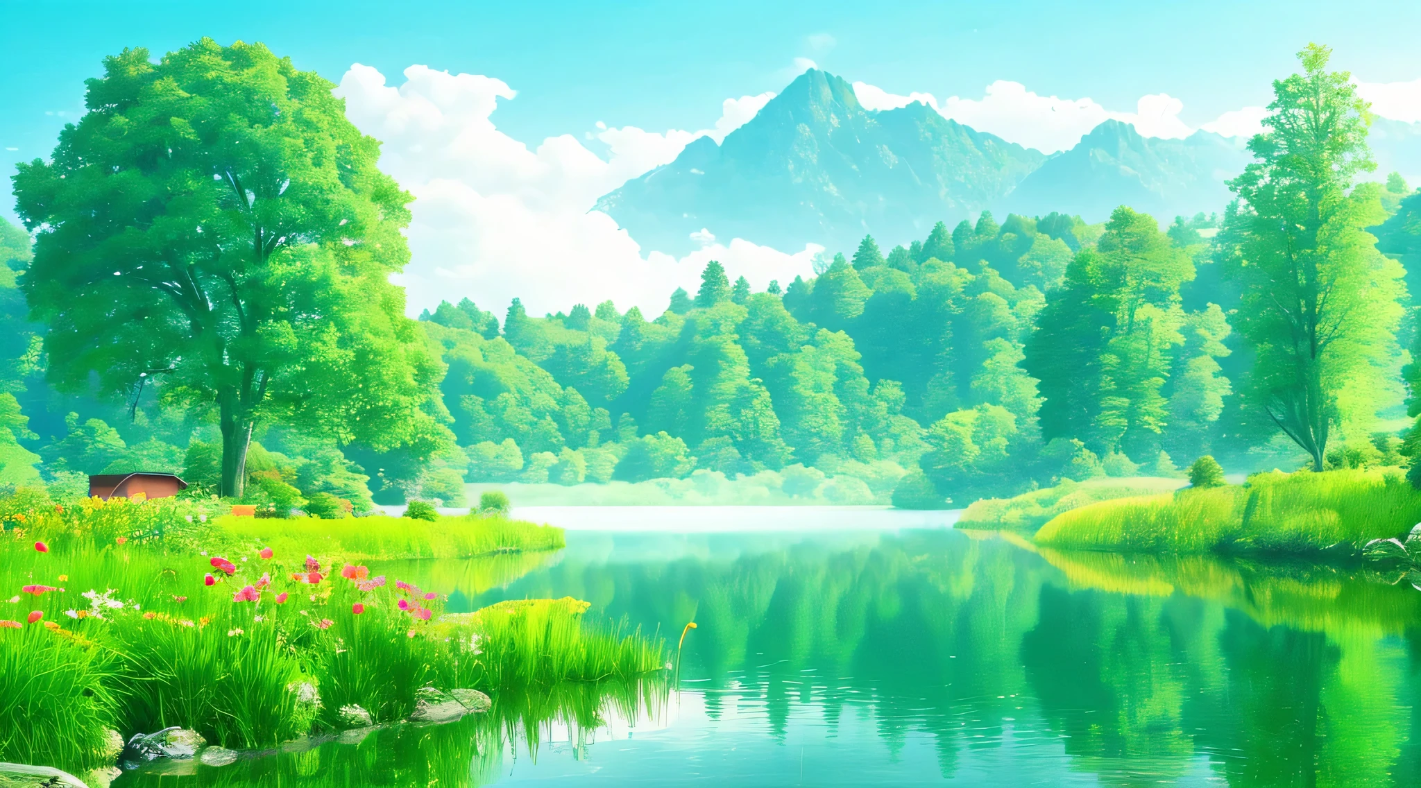 arafed view of a lake with a house in the background, nature wallpaper, nature scenery, scenery wallpaper, very beautiful scenery, anime nature wallpap, very very very beautiful scenery, stunning nature in background, beautiful wallpaper, majestic nature scenery, dreamy landscape, very very beautiful scenery, hd wallpaper, anime nature, beautiful dreamy landscape, beautiful lake background, peaceful landscape
