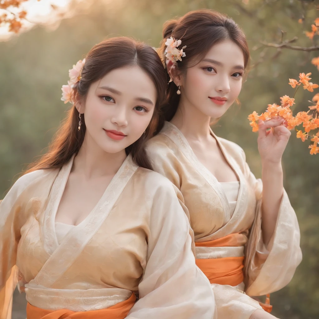 ultra-detailed, slim body, tight waist, small head, small face, beautiful detailed eyes, detailed skin, thin thighs, thin legs, huge round breasts, studio lighting, full shot, earrings, (smile), (embrace), ((hanfu)), ((2 girls in red or pink)), flowers, dusk
