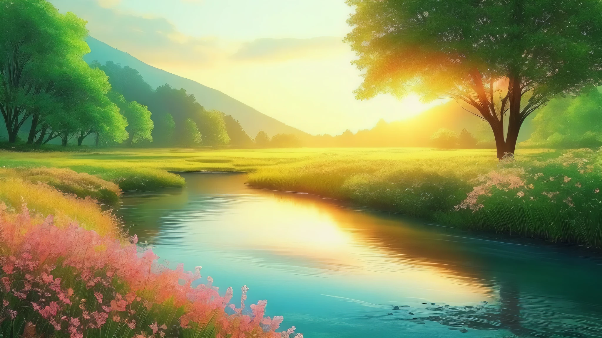 a beautiful sunset scene with a stream and trees, nature wallpaper, nature scenery, beautiful wallpaper, beatiful backgrounds, peaceful landscape, stunning nature in background, very beautiful scenery, hd wallpaper, amazing wallpaper, a beautiful landscape, nature landscape, beautiful landscape, beautifully lit landscape, beautiful serene landscape, scenery wallpaper, landscape wallpaper, majestic nature scenery, really beautiful nature