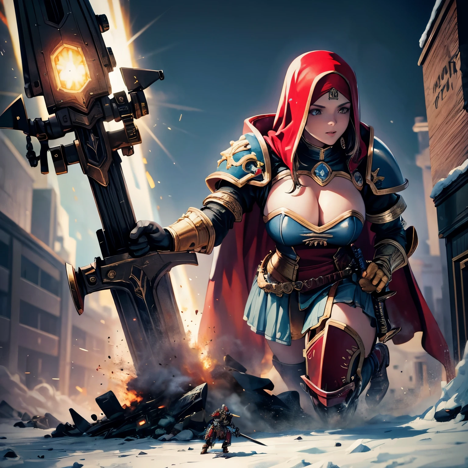 Warhammer 40000, sister sororitas, big gun in right hand, glowing sword in left hand, full armored, huge 