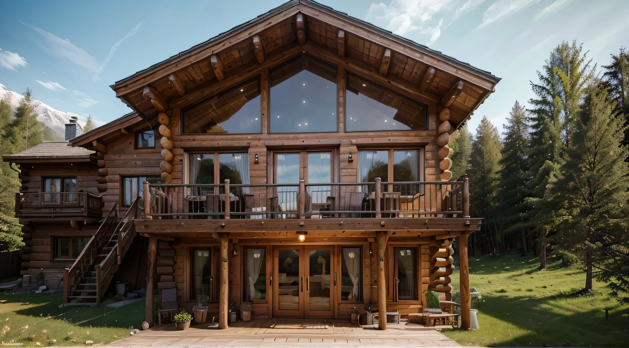 (best quality,4k,8k,highres,masterpiece:1.2),ultra-detailed,(realistic,photorealistic,photo-realistic:1.37), there is a large wooden house with a balcony and a balcony, luxurious wooden cottage, peaceful wooden mansion, chalet, wooden cottage, log homes, log cabin, wooden house, log cabin beneath the alps, swedish house, very stylized, highly stylized, hq very detailed, cottage in the forest, cabin, in style of ultra realistic, log houses built on hills