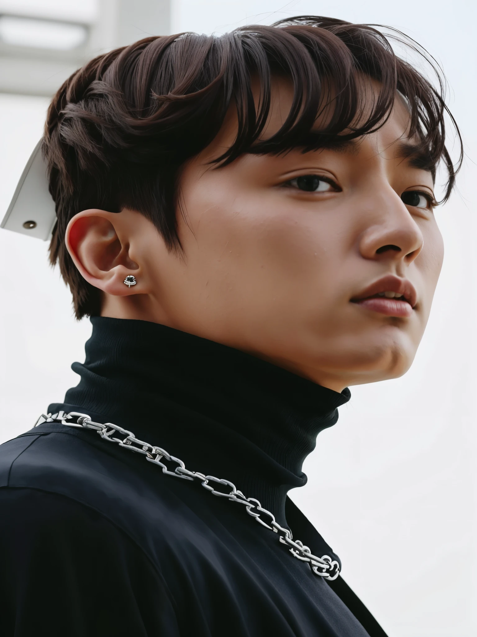 un primer plano de una persona con un collar en la portada de una revista, jeon jungkook, jungkook jeon, aesthetic jeongguk pimple, jungkook, Inspirado por Bian Shoumin, inspirado en jeonseok lee, hyung tae, kim doyoung, inspirado en Yanjun Cheng, hong junio hyung, brillante por la lluvia, Kpop idol portrait, inspirado en Kim Deuk-sin