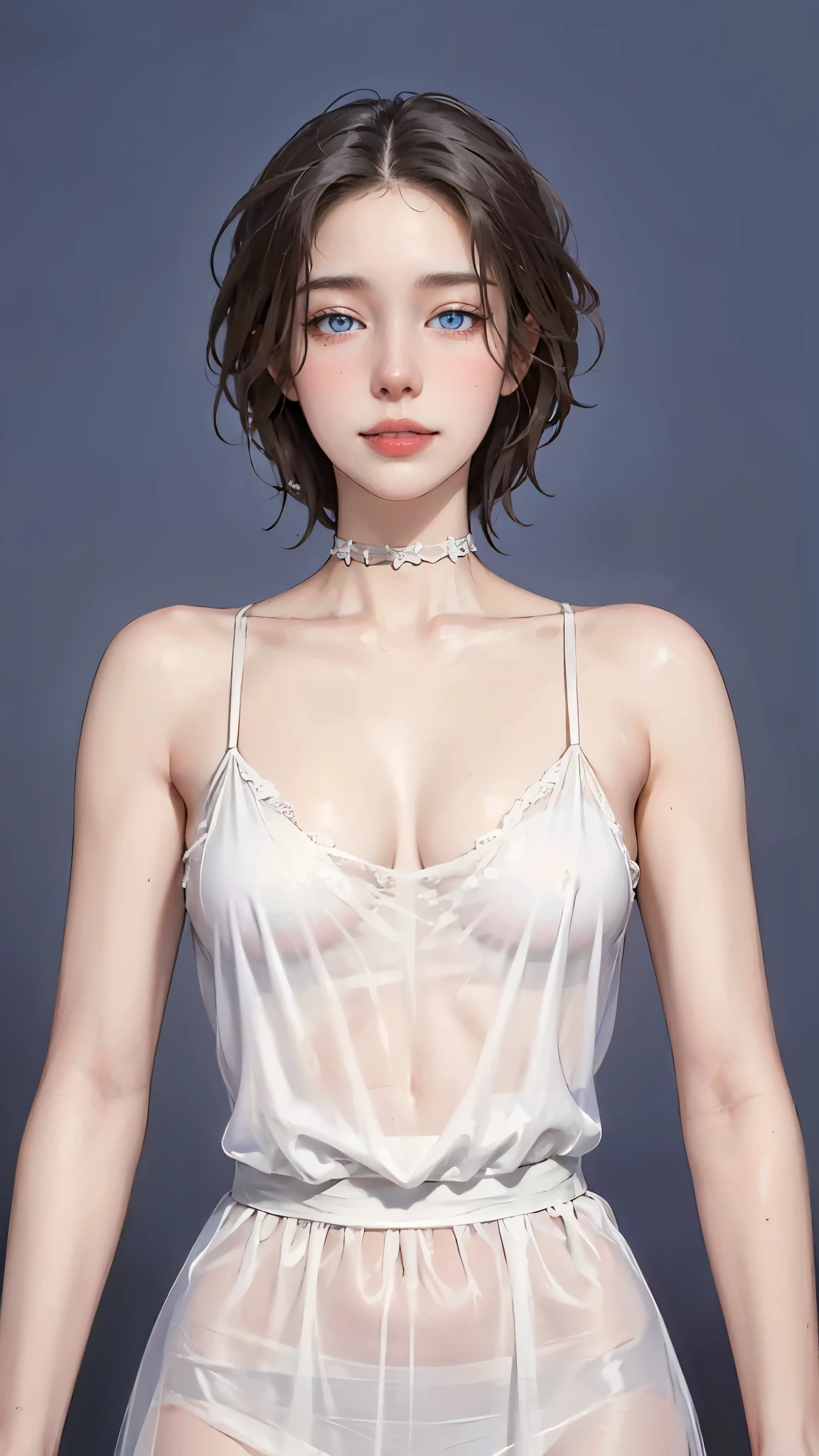 ((((masterpiece, best quality, high resolution)))), (1girl:1.5), ((short silky hair, black hair, blue eyes, sharp eyes, choker)), (perky breasts:1.2), blush, (cheeky smile, parted lips), glow, thighs, bare shoulders, collarbone, narrow waist, (slender body figure), (beautiful detailed face, beautiful detailed eyes), ((white satin nightgown, thin material)), (standing up), looking at viewer, nighttime, bedroom