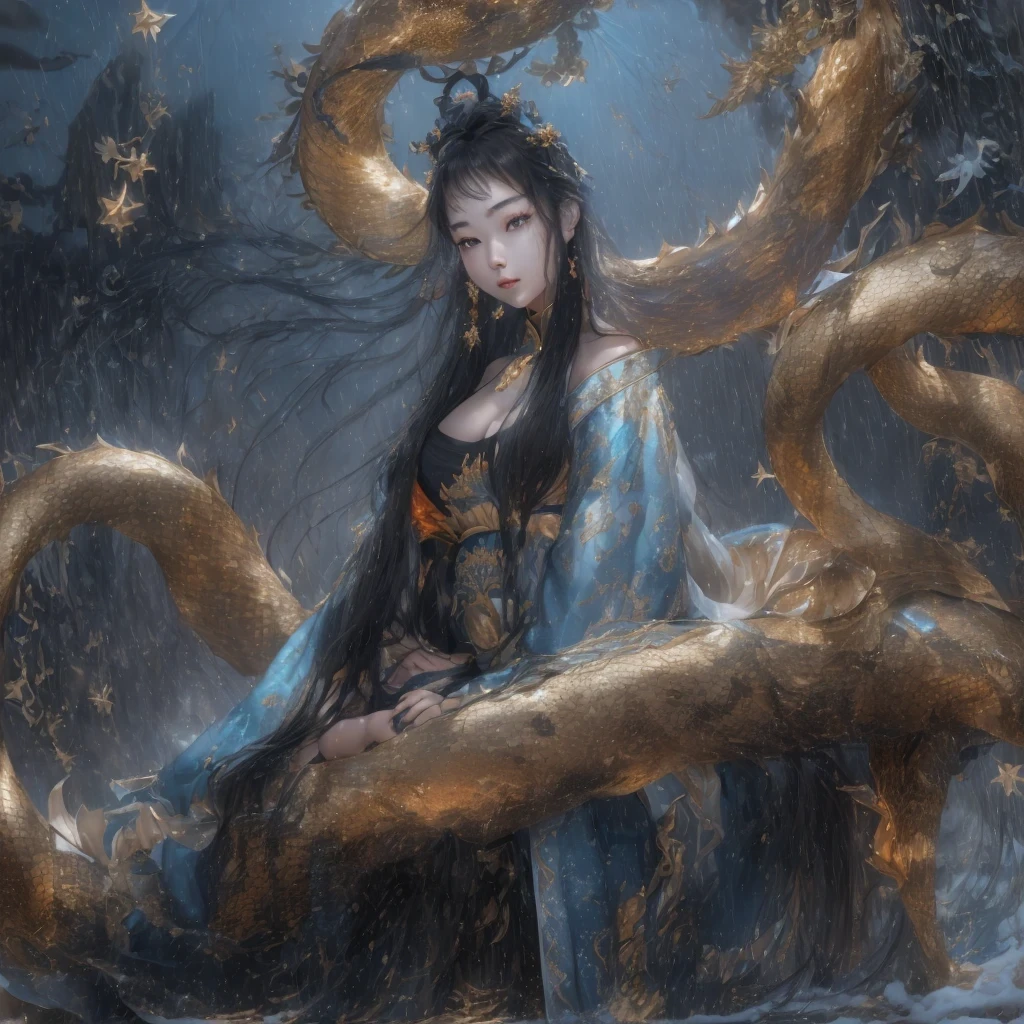 Feitian Nine Tails Light Blue Celestial Master Flame Long Hair Antler Star，Telephoto tilt-shift，novel，Torch Night Black Gold Orange Snake Print Silk Trousers，Rouge Diamond Tulle Sheer Lizard Print，Fat girl flying in space in the snow 1:900 miniatures，Front view，pure transparency，put on boxing gloves，佩戴金框反Light太阳镜，Panoramic super wide angle，very happy，Authentic and delicate texture，Strong visual impact，super detailed，dream girl，delicate face型，beautiful eyes，Hair floating in the air， cherry style，Zhou Xiaotong，crystal clear，Good sense of perspective，Light影效果，16KLight滑，surface reflected Light，flowing black hair，Water Goddess 32K，complicated，grace，Very detailed，Gorgeous，digital photography，Autumn Cowboy Shooting，Surrealism，broken ruby，defeat magic，Water magic entanglement，（masterpiece，Light，beautiful eyes：1.2），high dynamic range，void 5 energy storm，(china 1 girl，black eyes:1.5），rouge skin，发Light的皮肤，(sit on stone：1.5），delicate face，black hair，穿上Gorgeous金色铠甲，take off shoulders，，short skirt，beautiful golden armor，it&#39;it&#39;It&#39;s raining，beautiful big breasts，looking at the audience，Turn your back to the camera，masterpiece，side,side portrait close-up
