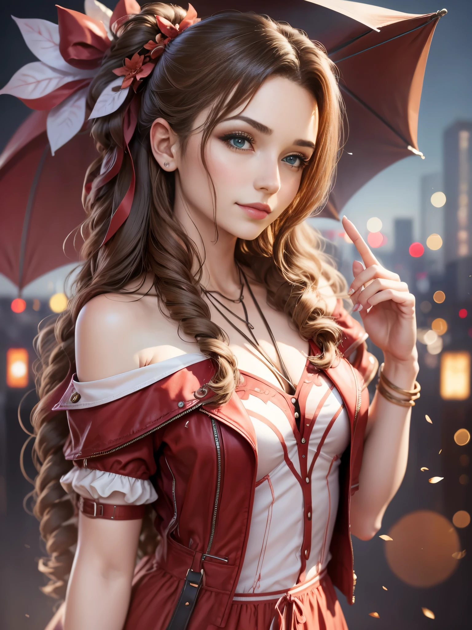 1girl, solo, looking at viewer, smile, makeup, sun, mid day, off-shoulder shirt (realistic:1.2), (realism), (masterpiece:1.2), (best quality), (ultra detailed), (8k, 4k, intricate),(full-body-shot:1), (85mm),light particles, lighting, (highly detailed:1.2),(detailed face:1.2), (gradients), sfw, colorful,(detailed eyes:1.2)(detailed background),detailed landscape, (dynamic angle:1.2), (dynamic pose:1.2), (rule of third_composition:1.3), (Line of action:1.2). Aerith Gainsborough. Red dress
