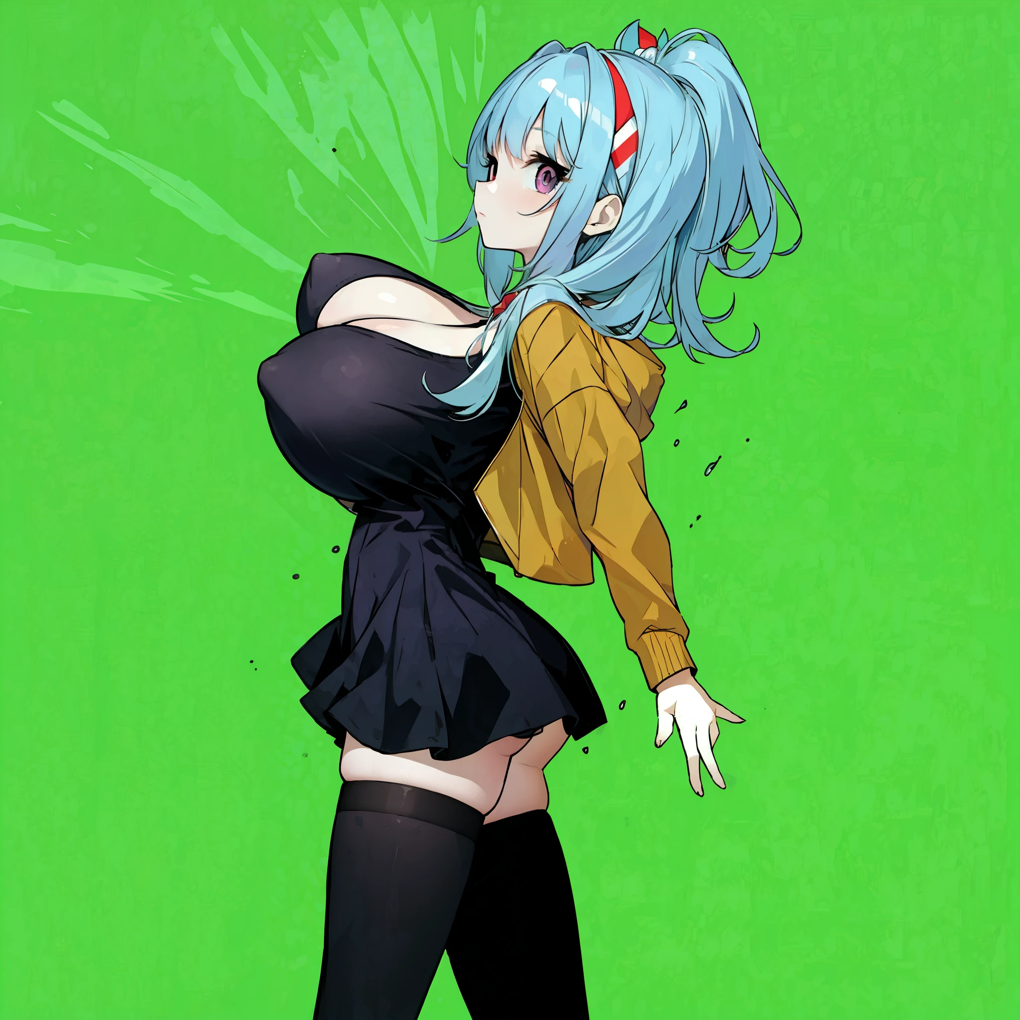 1 skinny girl, solo, light blue hair, side face, BREAK, red headband, BREAK, (dark purple eye:1.4), bending back, looking at viewer, BREAK, black plunging neckline short dress, dark yellow cropped jacket, black thighhighs, BREAK, (bouncing unaligned huge breasts:1.5), very short torso, (inconceivably narrow waist), thin long legs, BREAK, (show off crotch:1.4), BREAK, strong wind, (slipping hip)