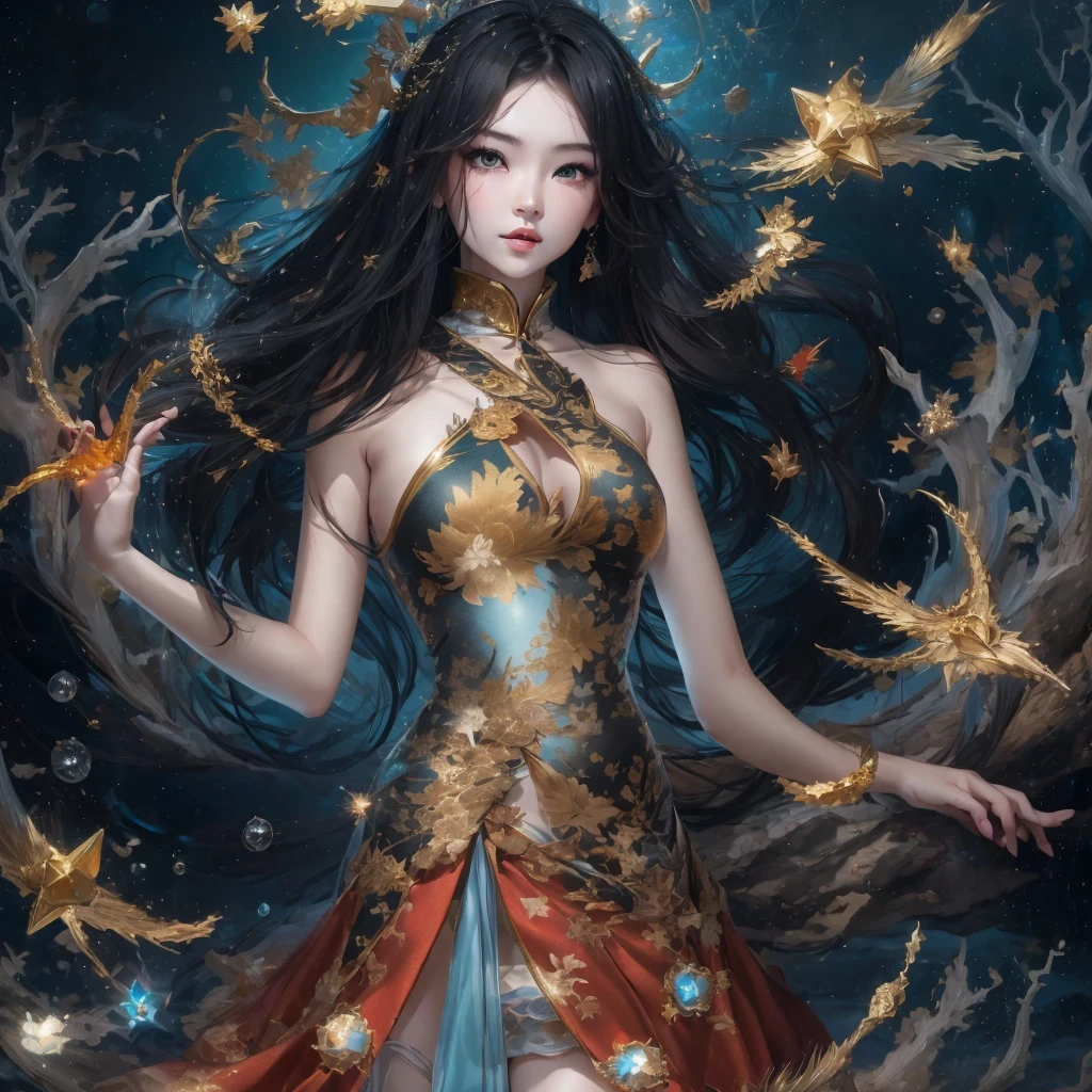 Feitian Nine Tails Light Blue Celestial Master Flame Long Hair Antler Star，Telephoto tilt-shift，novel，Torch Night Black Gold Orange Snake Print Silk Trousers，Rouge Diamond Tulle Sheer Lizard Print，Fat girl flying in space in the snow 1:900 miniatures，Front view，pure transparency，put on boxing gloves，佩戴金框反Light太阳镜，Panoramic super wide angle，very happy，Authentic and delicate texture，Strong visual impact，super detailed，dream girl，delicate face型，beautiful eyes，Hair floating in the air， cherry style，Zhou Xiaotong，crystal clear，Good sense of perspective，Light影效果，16KLight滑，surface reflected Light，flowing black hair，Water Goddess 32K，complicated，grace，Very detailed，Gorgeous，digital photography，Autumn Cowboy Shooting，Surrealism，broken ruby，defeat magic，Water magic entanglement，（masterpiece，Light，beautiful eyes：1.2），high dynamic range，void 5 energy storm，(china 1 girl，black eyes:1.5），rouge skin，发Light的皮肤，(sit on stone：1.5），delicate face，black hair，穿上Gorgeous金色铠甲，take off shoulders，，short skirt，beautiful golden armor，it&#39;it&#39;It&#39;s raining，beautiful big breasts，looking at the audience，Turn your back to the camera，masterpiece，side,side portrait close-up
