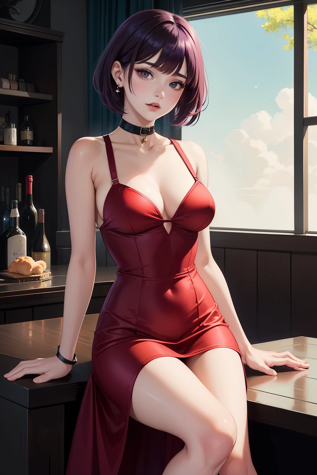 best qyality, perky tits, 8k, hdr, stocking suspenders, woman, medium breasts, jazz room, ((red dress:1.4 black dress:1.2)), bob hairstyle, choker around the neck, starry eyes, noir style, professional, ((ginger hair:1.3 purple hair:1.1)) full height, girl sitting at the club counter, japan, pastelvectorai