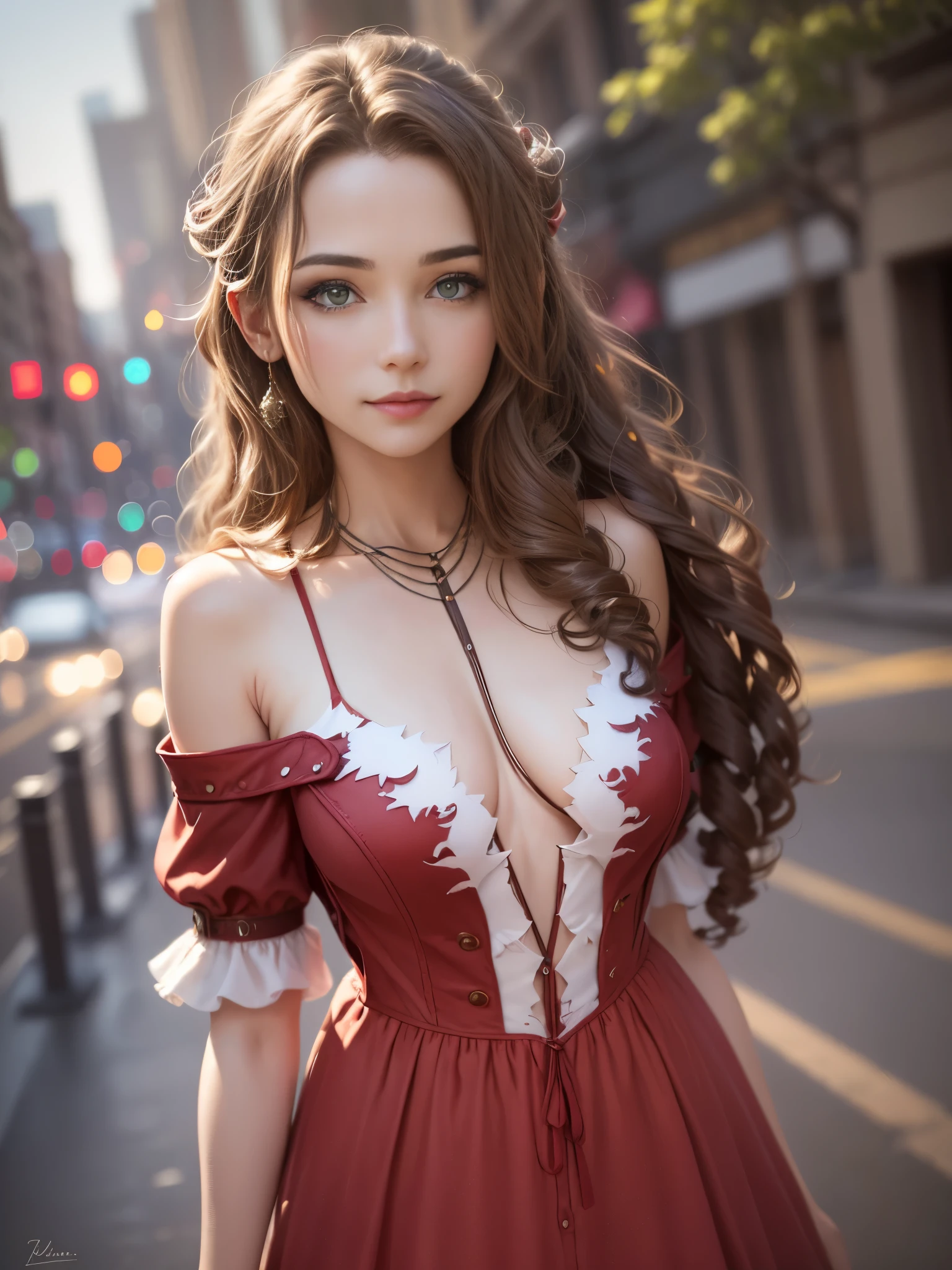 1girl, solo, looking at viewer, smile, makeup, sun, mid day, off-shoulder shirt (realistic:1.2), (realism), (masterpiece:1.2), (best quality), (ultra detailed), (8k, 4k, intricate),(full-body-shot:1), (85mm),light particles, lighting, (highly detailed:1.2),(detailed face:1.2), (gradients), sfw, colorful,(detailed eyes:1.2)(detailed background),detailed landscape, (dynamic angle:1.2), (dynamic pose:1.2), (rule of third_composition:1.3), (Line of action:1.2). Aerith Gainsborough. Red dress