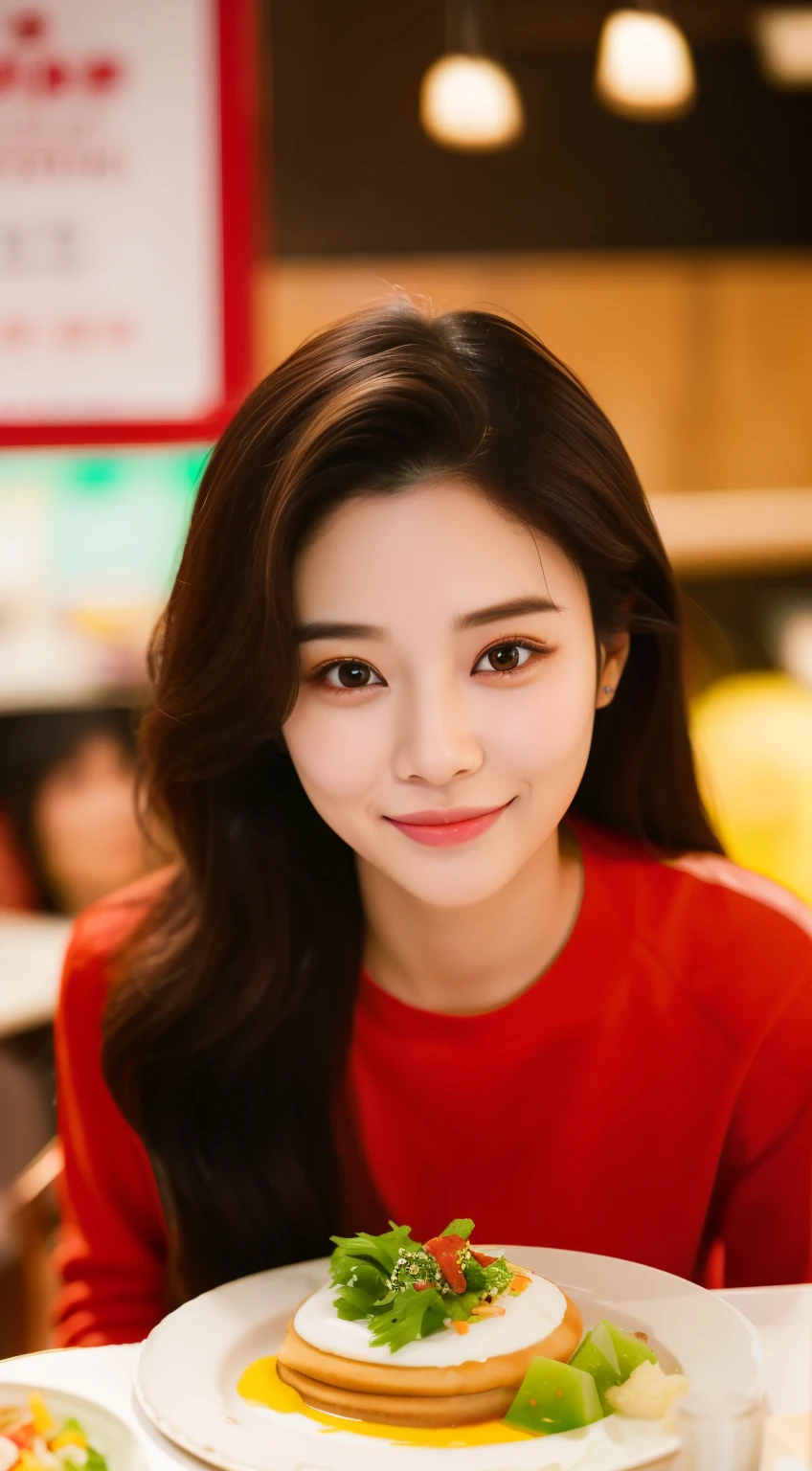 there is a woman sitting at a table with a plate of food, heonhwa choe, jaeyeon nam, lee ji-eun, lee ji - eun, wenfei ye, xintong chen, gongbi, gemma chen, jinyoung shin, shin min jeong, young cute wan asian face, young adorable korean face, korean girl, park ji-min