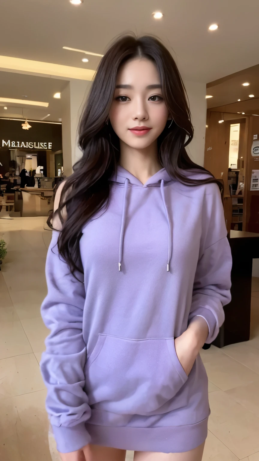 ((top-quality、8k、​masterpiece:1.3))、Beautiful woman with perfect body:1.4、slim abdomen:1.2、Longhair, normal breast, Highly detailed facial and skin texture, A detailed eye, delicate eyes, double eyelid, (smile), (full body shot), ((shopping mall)), (standing), ((wearing purple hoodie)), looking in front