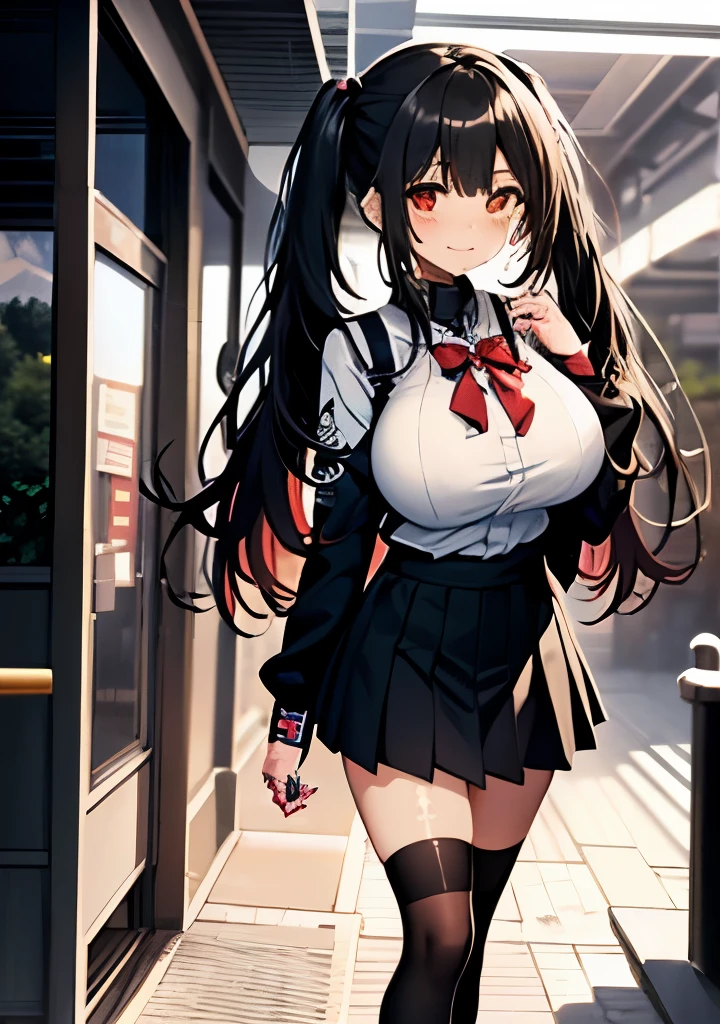 Masterpiece, high quality, ultra quality, best lighting, 1girl, ((tokisaki kurumi)), tokisaki kurumi, long hair, black hair, low twintails, monochrome, ((right red eye:1, left yellow eye:1)), black school uniform, ((black school uniform)), ((big breast)), ((big thigh)), smile, blush, cute face, ((gesugao face)), standing, sexy body, sexy, tattooed full body, tattooed face, (((tattooed))),looking at viewer, large the breast, nsfw, (((mountain)))