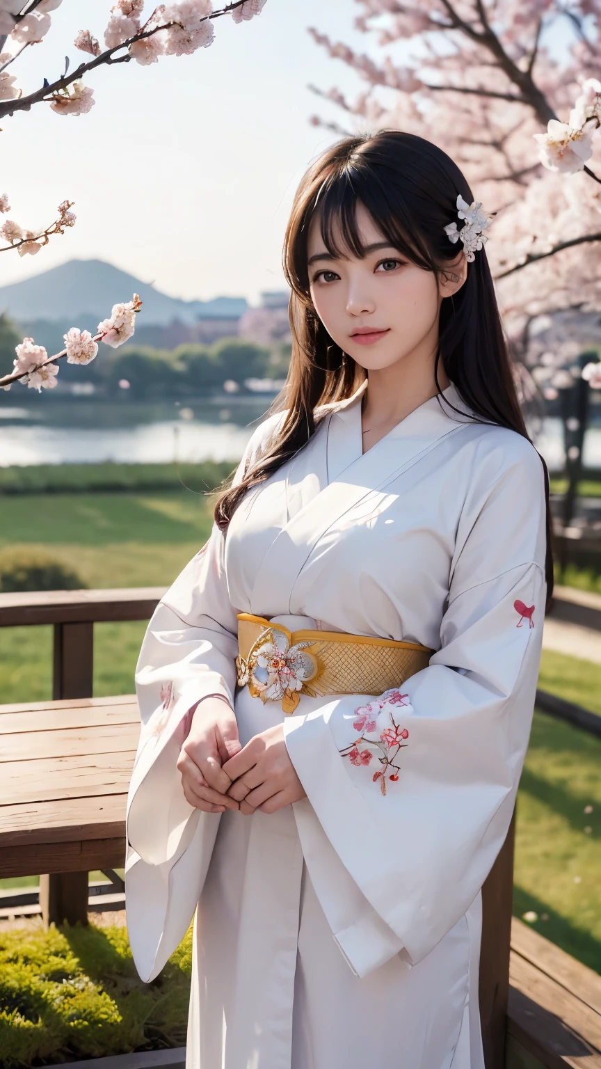 (logo、masterpiece、8k、table top、RAW photo、wonderful、最high quality、Photorealistic and hvery detailed CG integrated 8k wallpaper、high quality、very detailed、Narrative poem、particle effects、dynamic effects、written boundary depth、cinematic light、Lens flare、ray tracing)、fantasy、 (1 beautiful woman、white kimono、Japan Dress、white cherry blossom pattern、White cherry blossom embroidery pattern、black haired、beautiful face、real face、beautiful details eyes beautiful skin)、Hair flutters in Wind、hair bounces、pink cherry tree、petals dance、SakuraFubuki、wonderful景色、sunrise、sun on background、Wind、god々、teeth、god話、vast land