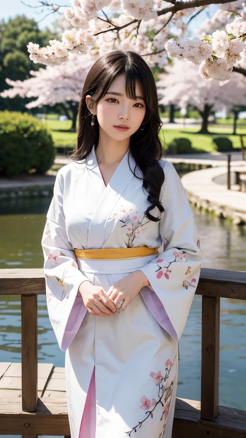 (logo、masterpiece、8k、table top、RAW photo、wonderful、最high quality、Photorealistic and hvery detailed CG integrated 8k wallpaper、high quality、very detailed、Narrative poem、particle effects、dynamic effects、written boundary depth、cinematic light、Lens flare、ray tracing)、fantasy、 (1 beautiful woman、white kimono、Japan Dress、white cherry blossom pattern、White cherry blossom embroidery pattern、black haired、beautiful face、real face、beautiful details eyes beautiful skin)、Hair flutters in Wind、hair bounces、pink cherry tree、petals dance、SakuraFubuki、wonderful景色、sunrise、sun on background、Wind、god々、teeth、god話、vast land
