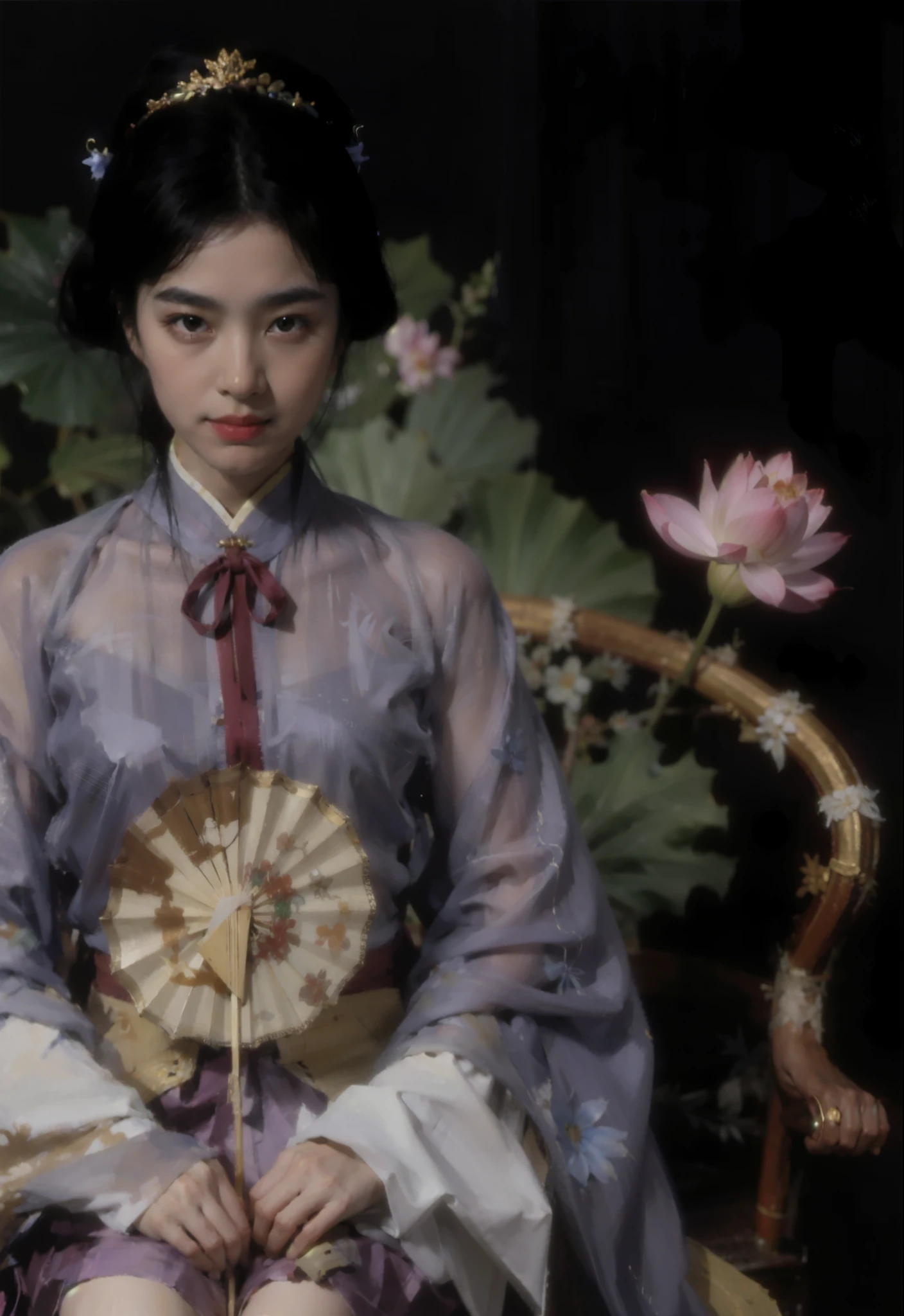 ultra high definition,8k pixels,8K,16K,Ultra-clear,best quality,masterpiece,(painting:1.6)Wearing purple Hanfu,Fide woman wearing gauze skirt sitting on wooden sculpture chair,wood carving chair,背后有lotus以及lotus leaf,lotus,lotus leaf,Holding a round fan, queen of china, palace , girl wearing hanfu, chinese princess, Inspired by Yun Shouping, ultra high definition,8k pixels,8K,16K,Ultra-clear灵感源自陈蓉, ancient chinese princess, Chen Jiru, Inspired by Zhang Xuan, chinese woman, beautiful fantasy queen, Gurwitz style artwork。Ancient Chinese clothes,chiffon,folding fan。美丽的folding fan。Holding round fan in hand (:1.5),(Amy Sole:0.248),(Stanley Ategg Liu:0.106),(a detailed painting:0.353),(文艺复兴古典painting风格:0.8)ultra high definition,8k pixels,8K,16K,Ultra-clear
\\
a woman with long black hair(Amy Sole:0.248), (Stanley Liu:0.106), (a detailed :0.353), (gothic art:0.106)(ultra high definition,8k pixels,8K,16K,Ultra-clearAmy Sole:0.248),(Stanley Ategg Liu:0.106),(a detailed painting:0.353),(文艺复兴古典painting风格:0.8)ultra high definition,8k pixels,8K,16K,Ultra-clear