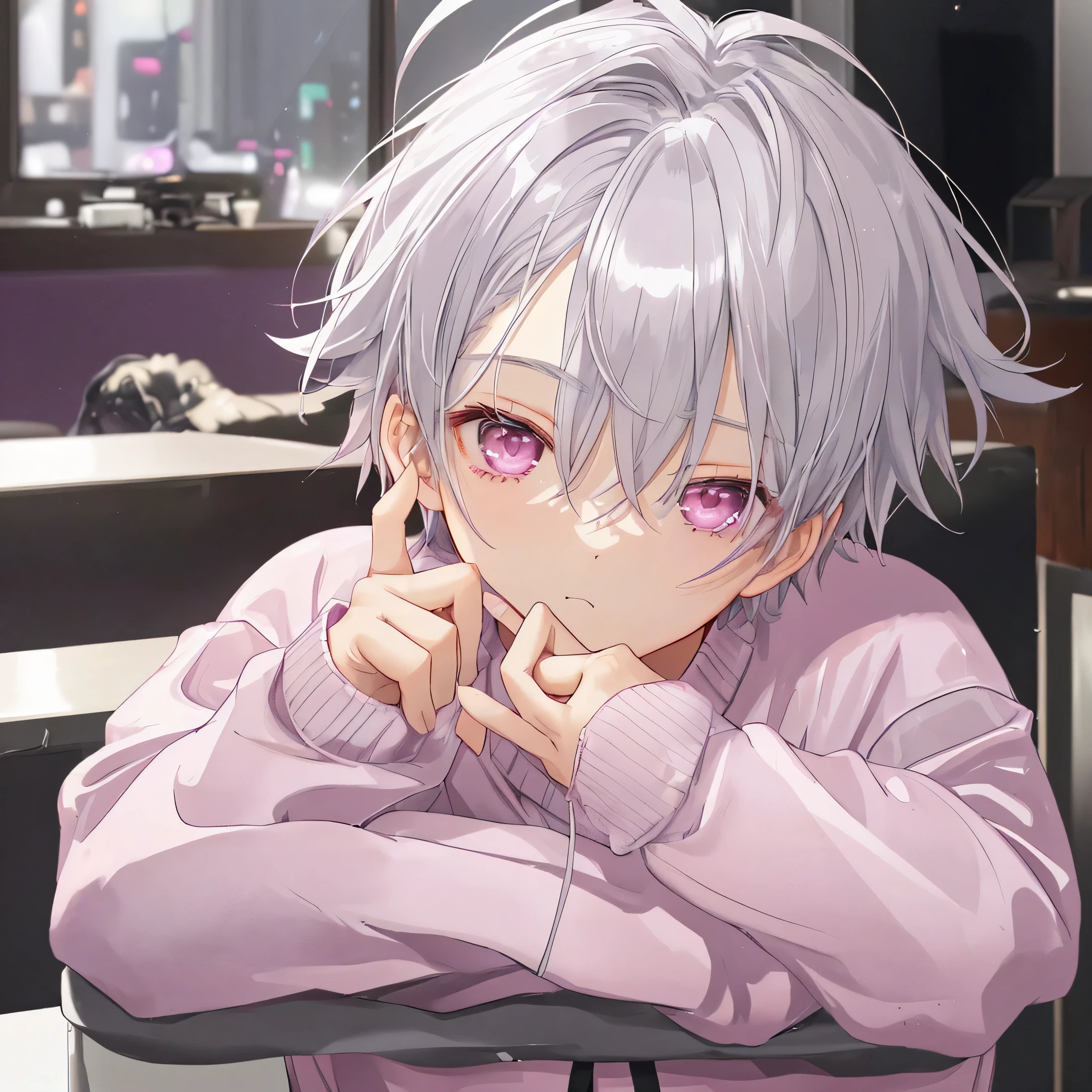 boy、cute、nice、soft、silver hair、pink mesh、wearing a sweater