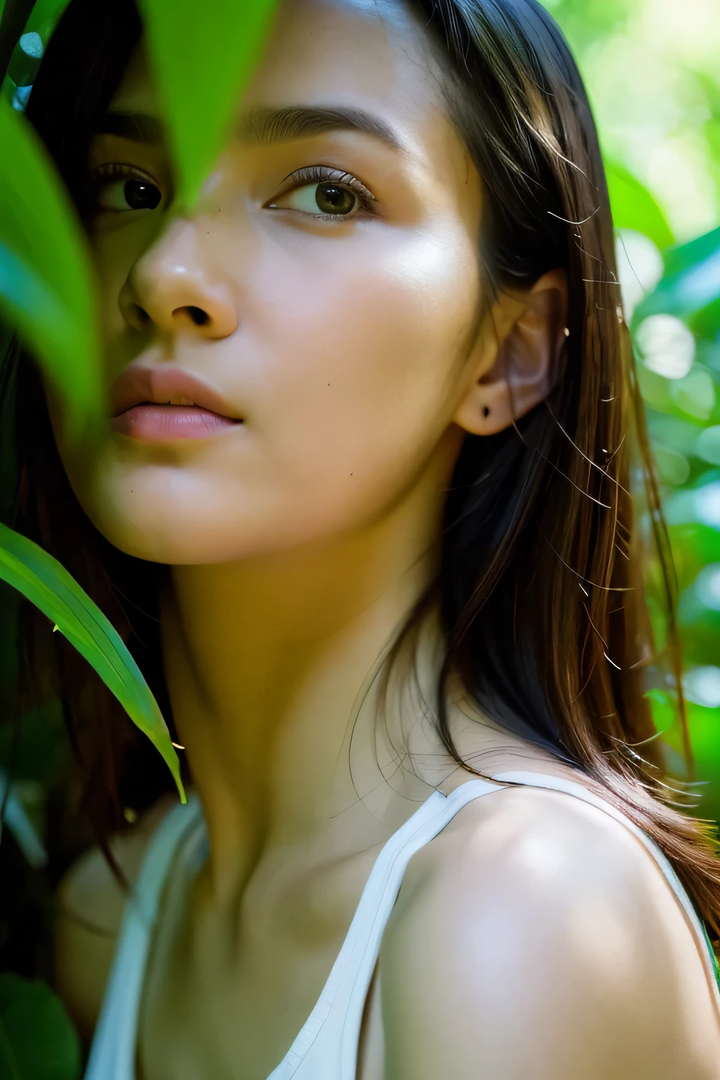 ((Face only up)), big plans, Beautiful woman with thumb art style, Written by Jeremy Mann, Written by Sandra Chevrier, dave mckean、Written by Richard Avedon、Written by Maciej Cuchara, white tank top and jeans, be familiar with, 8k、be familiar withな目で、long wavy hair、((Face only up)), masterpiece, 最high quality, high quality, High resolution, (jungle background)