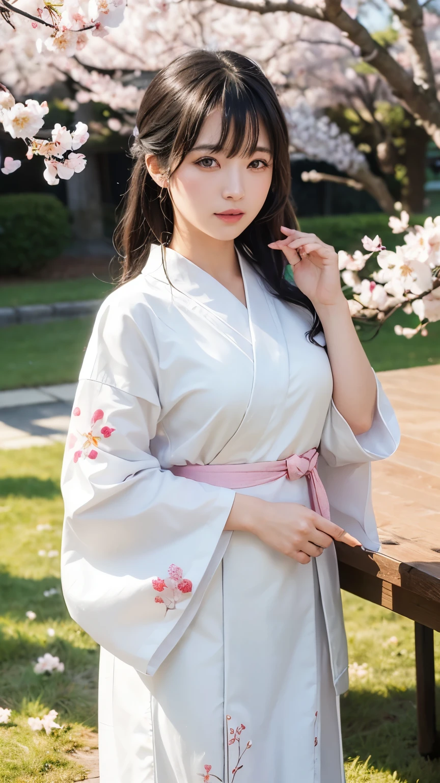 (logo、masterpiece、8k、table top、RAW photo、wonderful、最high quality、Photorealistic and hvery detailed CG integrated 8k wallpaper、high quality、very detailed、Narrative poem、particle effects、dynamic effects、written boundary depth、cinematic light、Lens flare、ray tracing)、fantasy、 (1 beautiful woman、white kimono、Japan Dress、white cherry blossom pattern、White cherry blossom embroidery pattern、black haired、beautiful face、real face、beautiful details eyes beautiful skin)、Hair flutters in Wind、hair bounces、pink cherry tree、petals dance、SakuraFubuki、wonderful景色、sunrise、sun on background、Wind、god々、teeth、god話、vast land