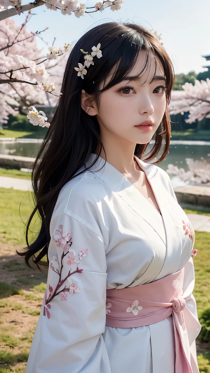 (logo、masterpiece、8k、table top、RAW photo、wonderful、最high quality、Photorealistic and hvery detailed CG integrated 8k wallpaper、high quality、very detailed、Narrative poem、particle effects、dynamic effects、written boundary depth、cinematic light、Lens flare、ray tracing)、fantasy、 (1 beautiful woman、white kimono、Japan Dress、white cherry blossom pattern、White cherry blossom embroidery pattern、black haired、beautiful face、real face、beautiful details eyes beautiful skin)、Hair flutters in Wind、hair bounces、pink cherry tree、petals dance、SakuraFubuki、wonderful景色、sunrise、sun on background、Wind、god々、teeth、god話、vast land