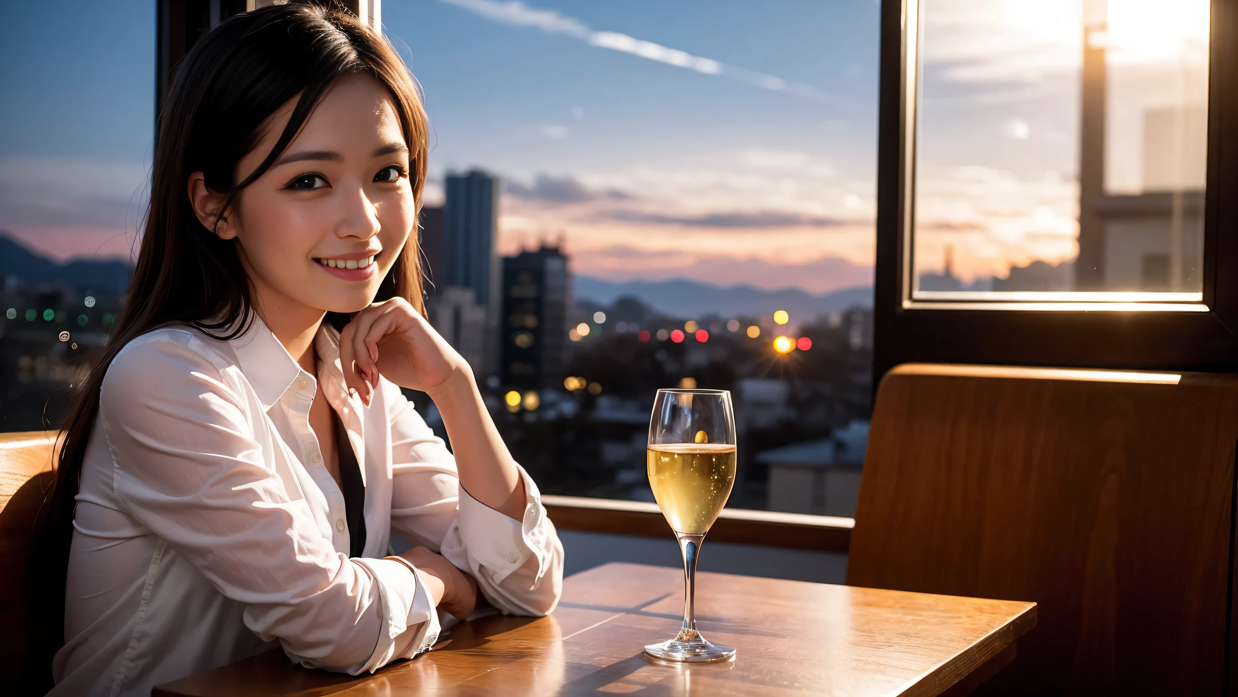 64k, Hmm, highest quality, masterpiece: 1.2), (realistic, photorealistic: 1.37), Spectacular view of the sunset sky and clouds、slimな美女3名, (slimフェイス),Happy、 最高なsmile、Fox face、Berry Short、(because I'thin), (brown hair), (shortcut), long sleeve shirt、winter fashion、Colombian、Brazilian、Japanese、Dutch、German、Portuguese、Belgian、Italian、French,Champagne、sparkling wine、 (Squirting), (slimボティ), (brown hair), (shortcut), neat beauty、cheeks turn a little red, (35 years old), 38 years old, alone, A beautiful and detailed night view spreads out outside the window......, restaurant, wine glassが座っている, At night, in a prominent place (from the Upper body) nova frog style, actress, model, Upper body, White wine, slim, wine glass, Very beautiful night view, wine glass Put in the Middle, Happy smile, (smile: 1.15), 