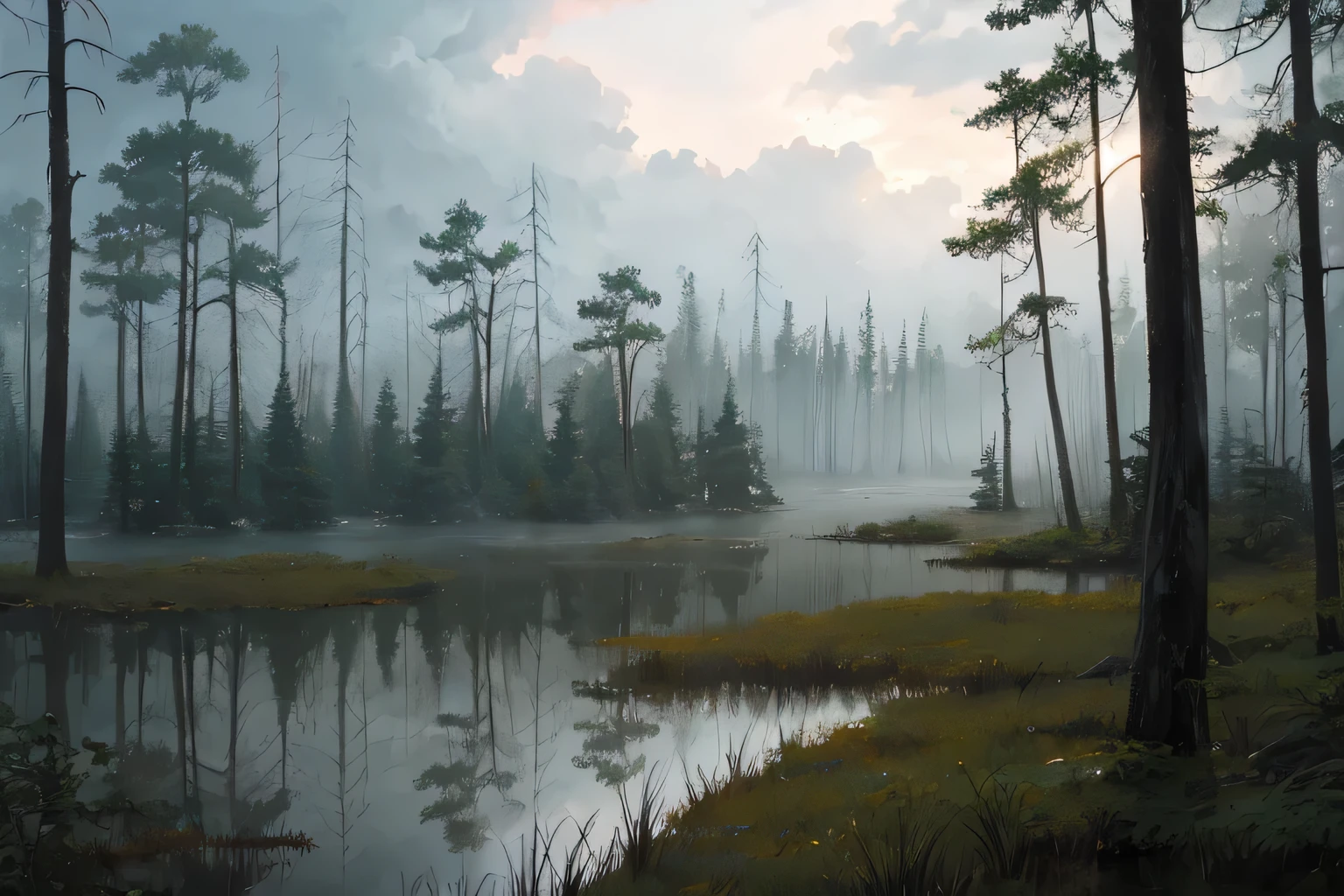 cloudy sky, Dense forest, swamp, the squirrel, dull colors, fog, manhwa style