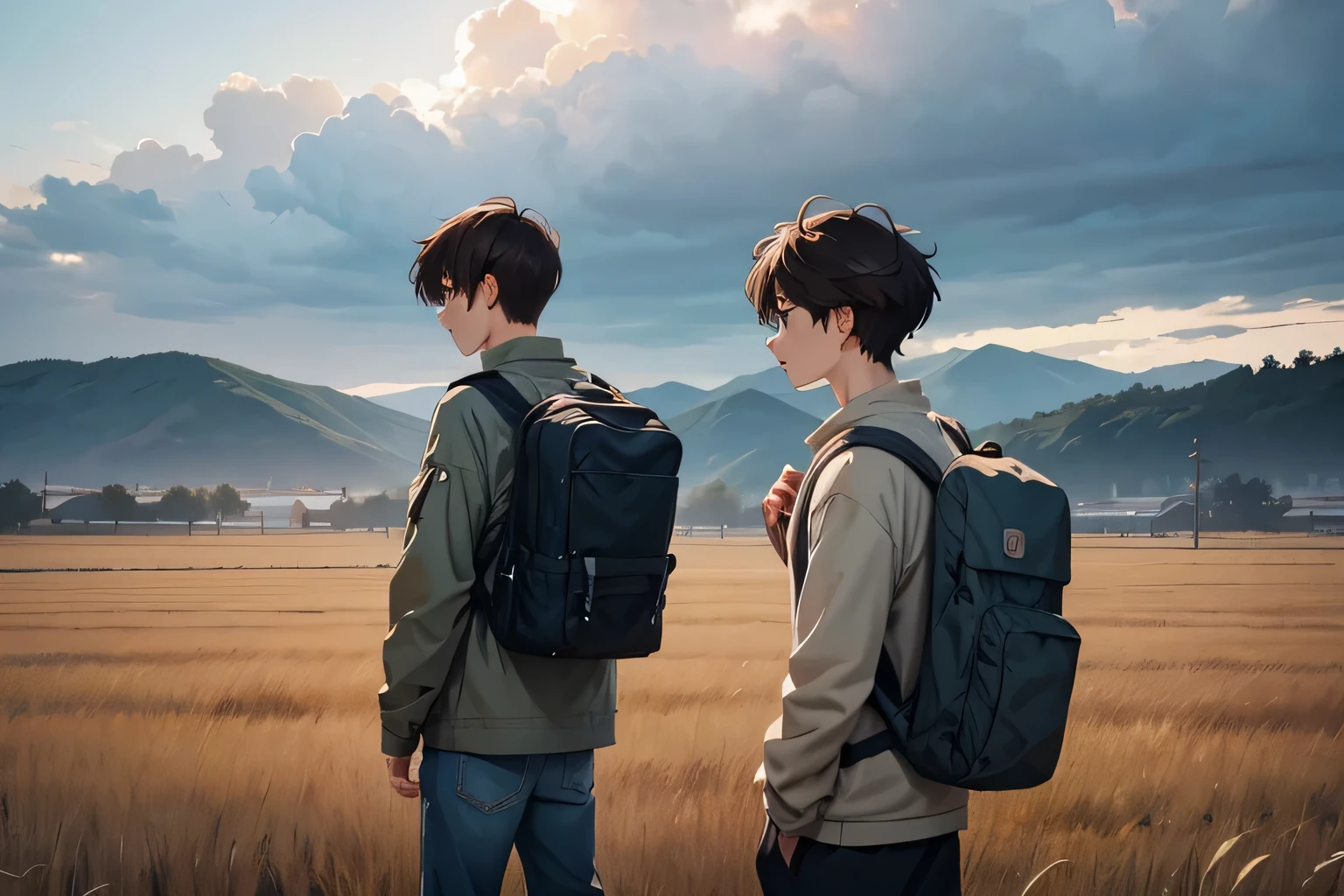 cloudy sky, field, dull colors, fog, in the foreground are two boys with backpacks on their backs, one Asian, another brunette, manhwa style