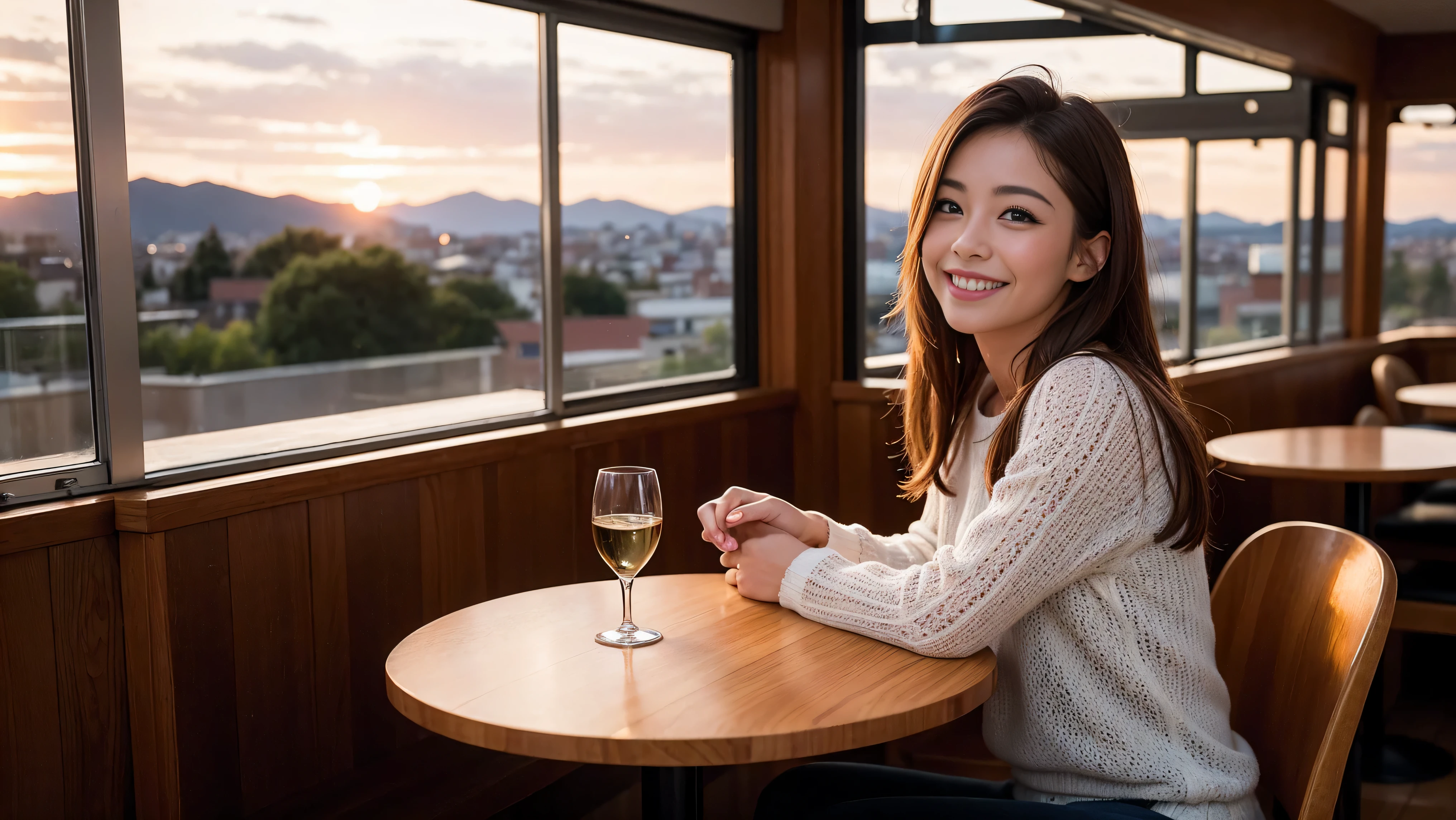 64k, Hmm, highest quality, masterpiece: 1.2), (realistic, photorealistic: 1.37), Spectacular view of the sunset sky and clouds、Amazing mountain views、slimな美女3名, (slimフェイス),Happy、 最高なsmile、Fox face、Berry Short、(because I'thin), (brown hair), (shortcut), long sleeve shirt、winter fashion、Colombian、Brazilian、Japanese、Dutch、German、Portuguese、Belgian、Italian、French,Champagne、sparkling wine、 (gush out), (slimボティ), (brown hair), (shortcut), neat beauty、cheeks turn a little red, (35 years old), 38 years old, alone, A beautiful and detailed night view spreads out outside the window...., restaurant, wine glassが座っている, At night, in a prominent place (from the Upper body) nova frog style, actress, model, Upper body, White wine, slim, wine glass, Very beautiful night view, wine glass Put in the Middle, Happy smile, (smile: 1.15),