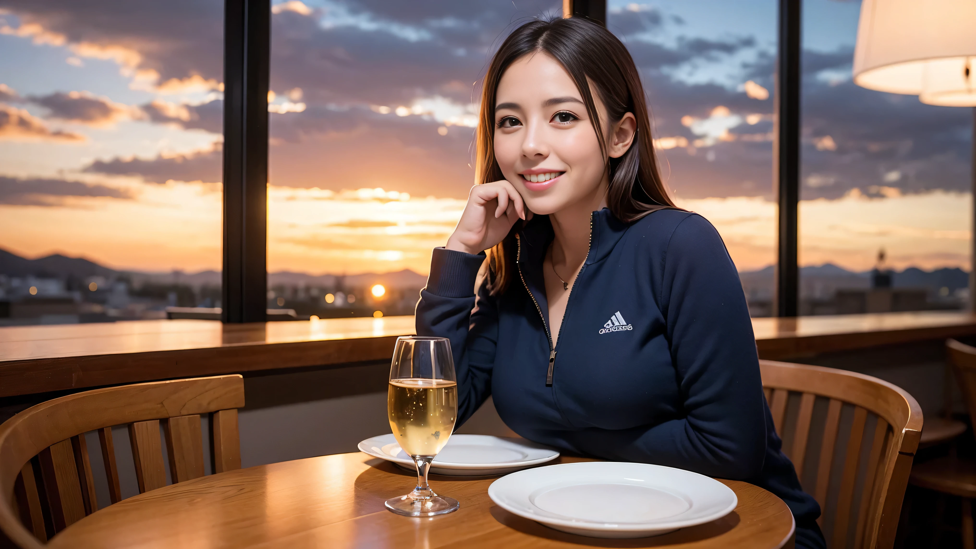 64k, Hmm, highest quality, masterpiece: 1.2), (realistic, photorealistic: 1.37), Spectacular view of the sunset sky and clouds、Amazing mountain views、slimな美女3名, (slimフェイス),Happy、 最高なsmile、Fox face、Berry Short、(because I'thin), (brown hair), (shortcut), long sleeve shirt、winter fashion、Colombian、Brazilian、Japanese、Dutch、German、Portuguese、Belgian、Italian、French,Champagne、sparkling wine、 (squirt), (slimボティ), (brown hair), (shortcut), neat beauty、cheeks turn a little red, (35 years old), 38 years old, alone, A beautiful and detailed night view spreads out outside the window....., restaurant, wine glassが座っている, At night, in a prominent place (from the Upper body) nova frog style, actress, model, Upper body, White wine, slim, wine glass, Very beautiful night view, wine glass Put in the Middle, Happy smile, (smile: 1.15),