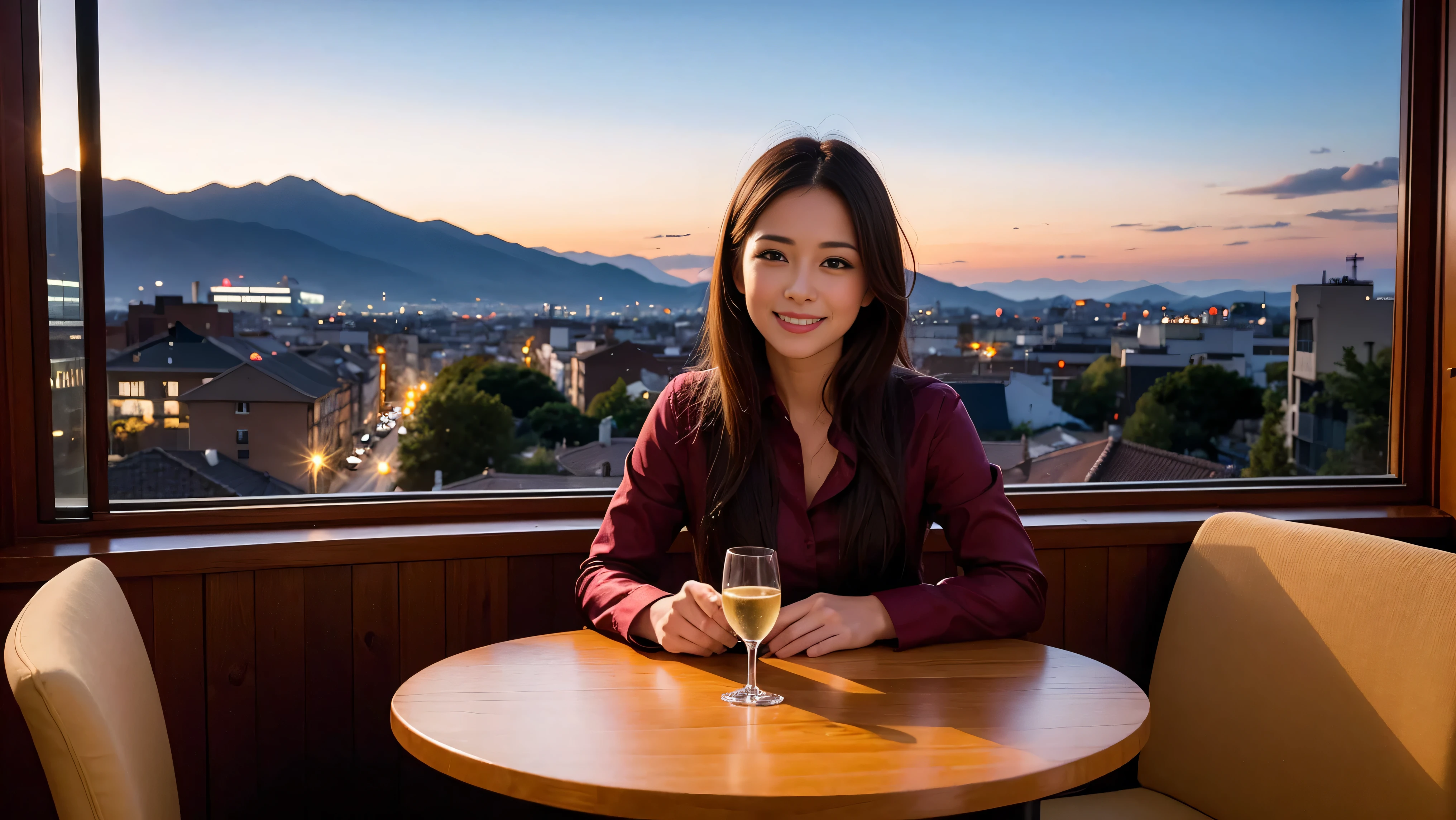 64k, Hmm, highest quality, masterpiece: 1.2), (realistic, photorealistic: 1.37), Spectacular view of the sunset sky and clouds、Amazing mountain views、slimな美女3名, (slimフェイス),Happy、 最高なsmile、Fox face、Berry Short、(because I'thin), (brown hair), (shortcut), long sleeve shirt、winter fashion、Colombian、Brazilian、Japanese、Dutch、German、Portuguese、Belgian、Italian、French,Champagne、sparkling wine、 (squirt), (slimボティ), (brown hair), (shortcut), neat beauty、cheeks turn a little red, (35 years old), 38 years old, alone, A beautiful and detailed night view spreads out outside the window....., restaurant, wine glassが座っている, At night, in a prominent place (from the Upper body) nova frog style, actress, model, Upper body, White wine, slim, wine glass, Very beautiful night view, wine glass Put in the Middle, Happy smile, (smile: 1.15), 