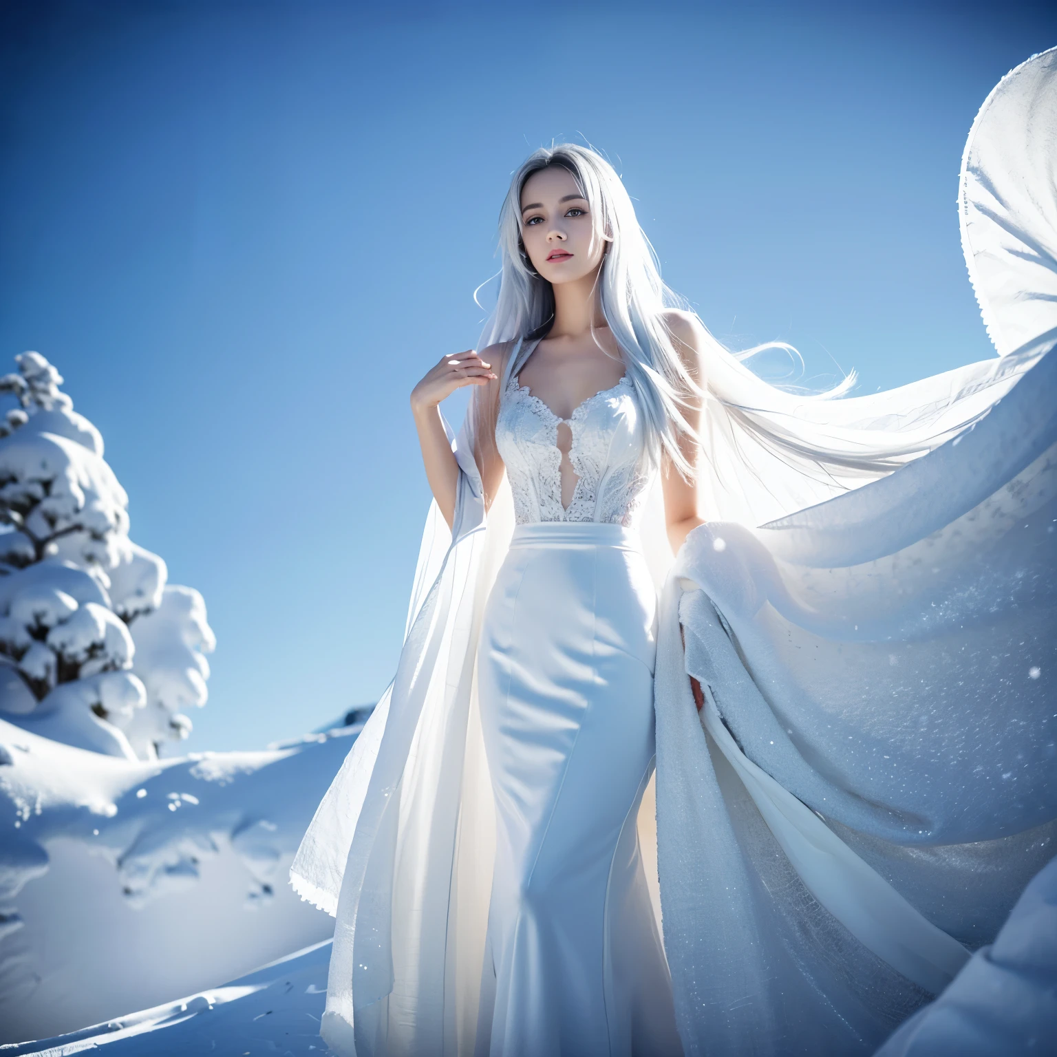((top quality、8k、Masterpiece:1.3))、Extremely delicate and beautiful girl,huge breasts,bigger breasts,Very white skin,fiery red lips,Waist is very thin,Thighs are very thin,White and smooth skin,Smooth and fair skin,flawless skin,Fair and shiny skin,cold white skin,The camera focuses on the chest,hazy light rays,hazy light rays,There are nine long white fox tails behind him,A scene of heavy snowfall,Snow covers the ground,snow mountain,lake,White plush coat,slim long skirt,light blue hair,The hair is light blue