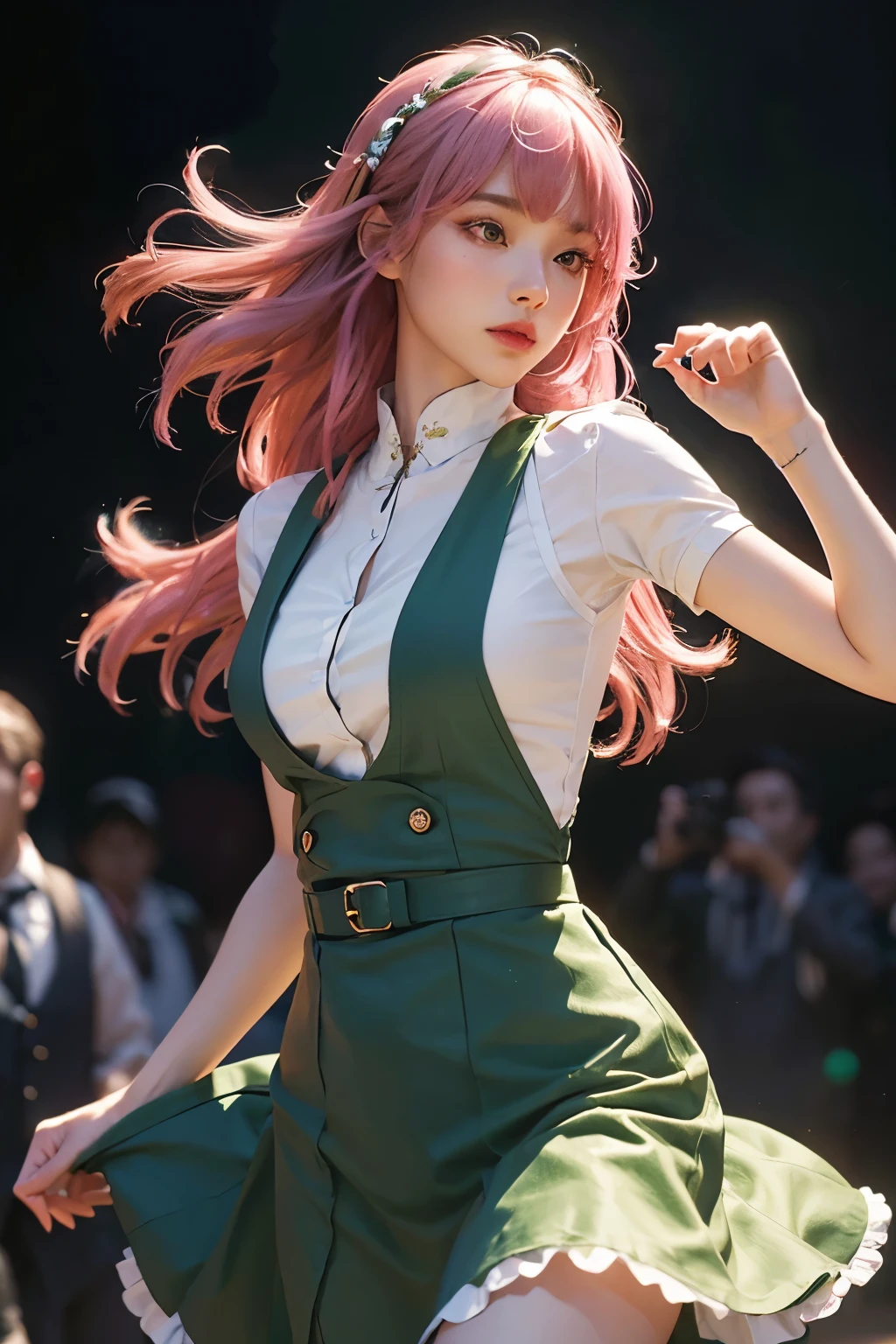 8k, 4k, best quality, high resolution: 1.2), ((Green suspender velvet dress:1.1)),(master level, actual, photorealism: 1.4), 1 girl, alone, green suspender skirt,pretty face, eyelash, nose, glossy lips,(whole body) (beautiful eyes, bystander, White skin, White skin), Delicate skin tone, Upper body,, big deal, tight suspender skirt,big deal, ,, long hair, pink hair, Bangs, hair accessories, sides up,, young,dance moves