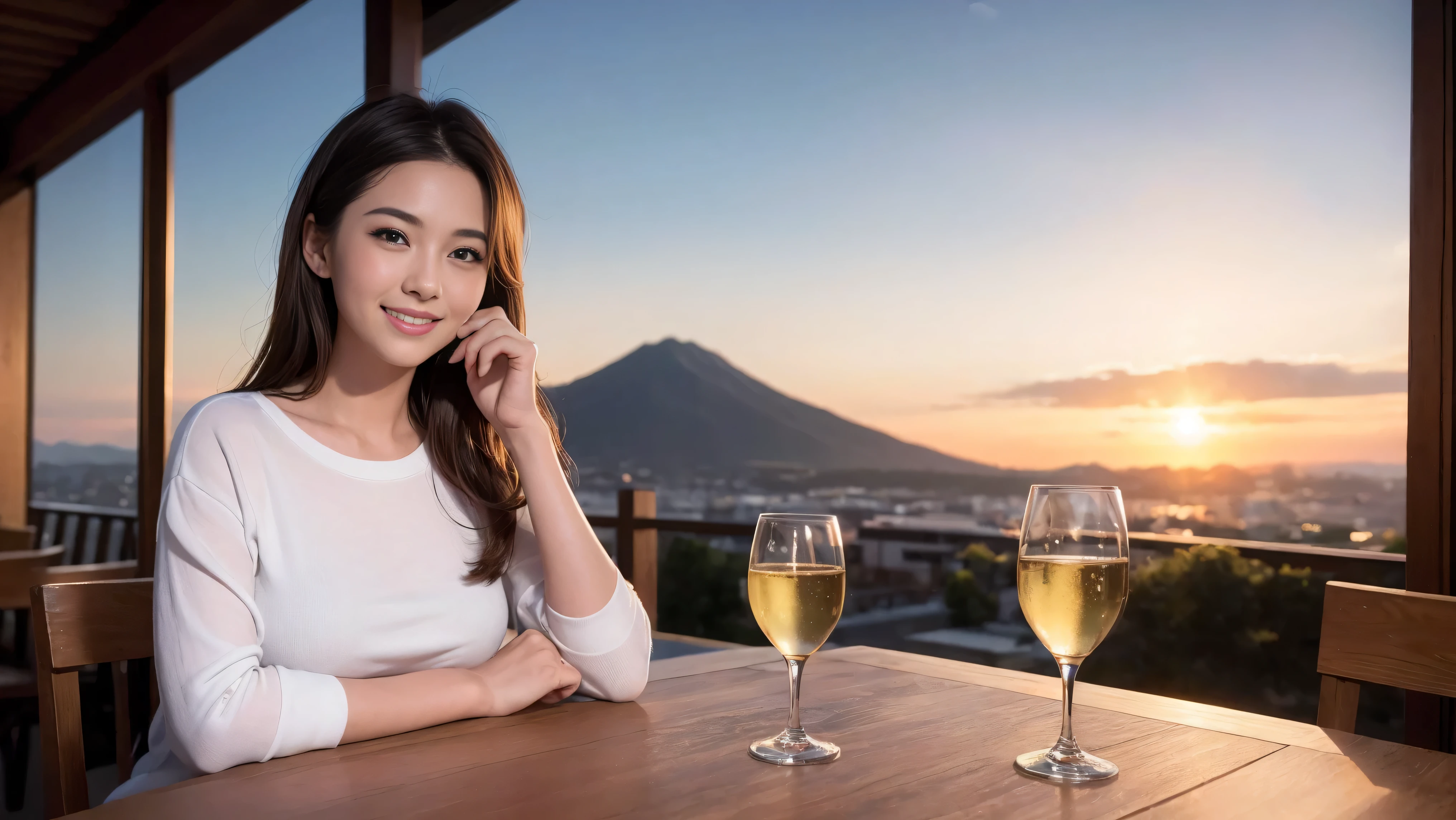 (including 64k, nffsw, highest quality, table top: 1.2), (realistic, photorealistic: 1.37), Spectacular view of the sunset sky and clouds、Amazing mountain views、long sleeve shirt、winter fashion、Columbia、Brazilian、Japanese、Dutch、German、Portuguese、Belgian、Italian、French,Champagne、sparkling wine、 (slimフェイス), (slimボティ), (brown hair), (shortcut), neat beauty、cheeks turn a little red, (35 years old), 38 years old, alone, 窓の外には美しく緻密なnight景が広がります., restaurant, wine glassが座っている, nightに, in a prominent place (from the Upper body) nova frog style, actress, model, Upper body, White wine, slim, wine glass, Super Clean night View, wine glass Put in the Middle, Happy smile, (smile: 1.15), beautiful and detailed eyes, Upper body, bust japan up, night, short, short, actress, model, Upper body, White wine, slim, wine glass, Super Clean night View, wine glass Put in the Middle, Happy smile,