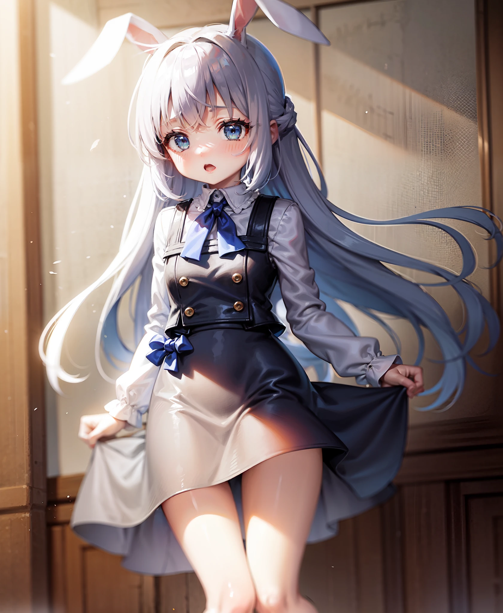 Is your order a rabbit?.Tomona Kaze.long hair.Blue eyes.light Blue hair. short stature.Face of sadness.Opening Mouth.large full breasts.up chest.Black long skirt.fighting stance.