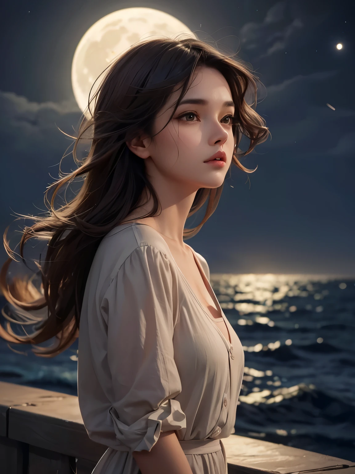 Upper body close-up image. A beautiful woman. Dark brown hair. Twenties. She stands near the breakwater and looks at the bright moon in the night sky. She looks a little sad. A cool breeze is blowing her hair.