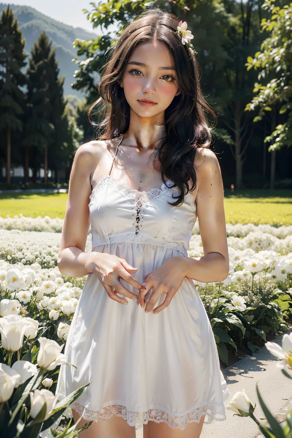 best quality, Meisterwerk, ultra high resolution, (Fotorealistisch:1.4), RAW-Foto, 1girl, White dress, Schulterfrei, blooming flower field, leuchtende Haut, slight smile, naked
