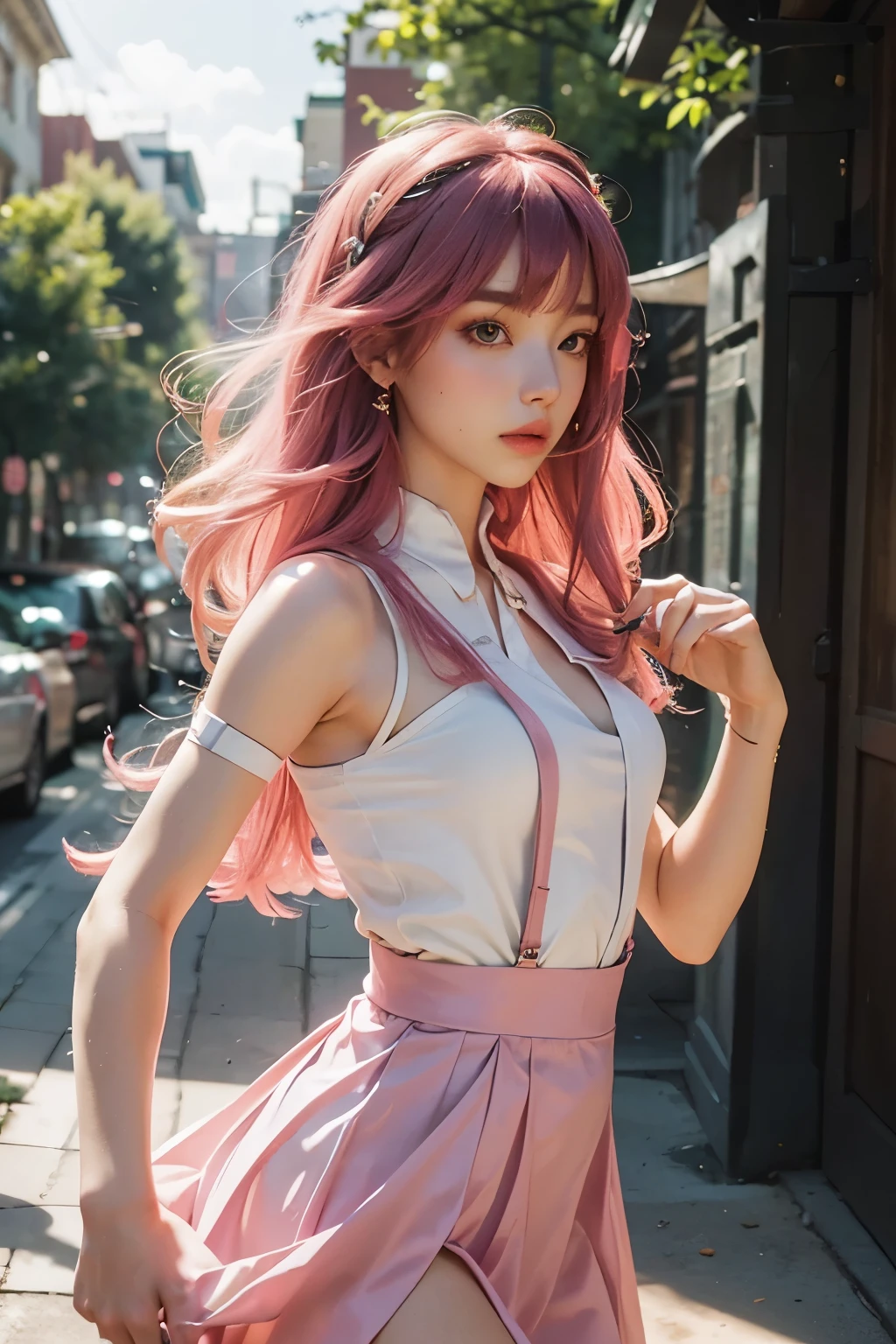 8k, 4k, best quality, high resolution: 1.2), ((Green suspender velvet dress:1.1)),(master level, actual, photorealism: 1.4), 1 girl, alone, green suspender skirt,pretty face, eyelash, nose, glossy lips,(whole body) (beautiful eyes, bystander, White skin, White skin), Delicate skin tone, Upper body,, big deal, tight suspender skirt,big deal, ,, long hair, pink hair, Bangs, hair accessories, sides up,, young,dance moves