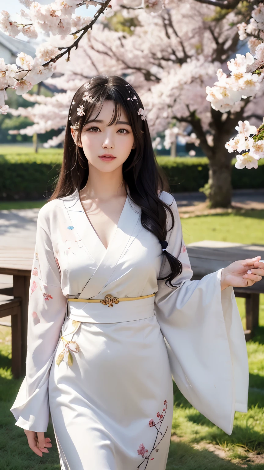 (logo、masterpiece、8k、table top、RAW photo、wonderful、最high quality、Photorealistic and hvery detailed CG integrated 8k wallpaper、high quality、very detailed、Narrative poem、particle effects、dynamic effects、written boundary depth、cinematic light、Lens flare、ray tracing)、fantasy、 (1 beautiful woman、white kimono、Japan Dress、white cherry blossom pattern、White cherry blossom embroidery pattern、black haired、beautiful face、real face、beautiful details eyes beautiful skin)、Hair flutters in Wind、hair bounces、pink cherry tree、petals dance、SakuraFubuki、wonderful景色、sunrise、sun on background、Wind、god々、teeth、god話、vast land
