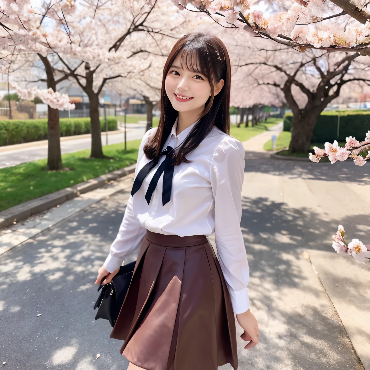 An lady wearing a flared skirt and smiling with a row of cherry blossom trees in the background.