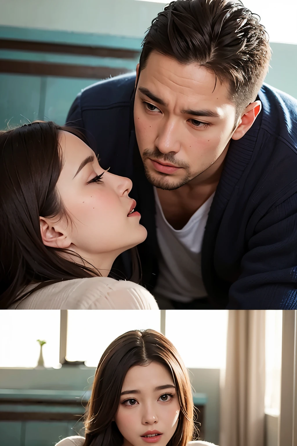 Create an image of a man begging for a woman's attention