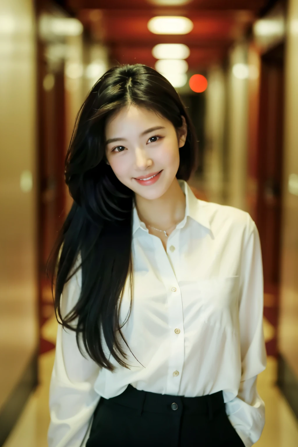 smiling woman in white shirt standing in hallway with light on, jaeyeon nam, a young asian woman, taken with canon eos 5 d mark iv, heonhwa choe, gemma chen, gorgeous young korean woman, taejune kim, taken with canon 5d mk4, xision wu, louise zhang, beautiful young korean woman, beautiful south korean woman, korean artist