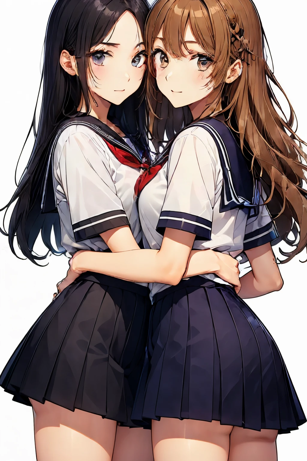(2 girls), chyuri, (hug), beautiful, smile, Japanese high school student, short sleeve sailor school uniform, classroom,