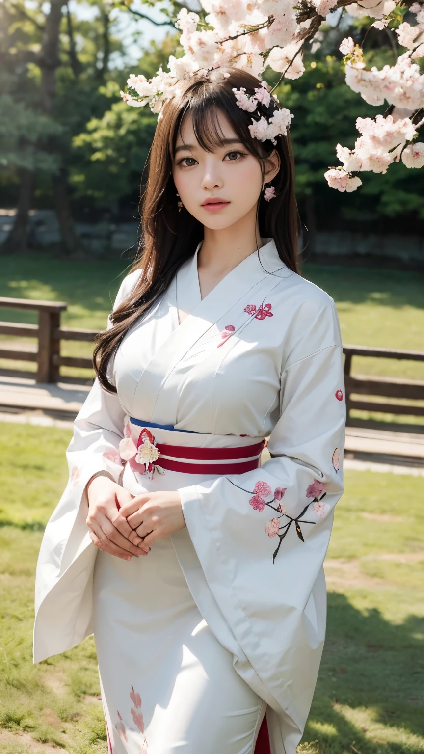 (logo、masterpiece、8k、table top、RAW photo、wonderful、最high quality、Photorealistic and hvery detailed CG integrated 8k wallpaper、high quality、very detailed、Narrative poem、particle effects、dynamic effects、written boundary depth、cinematic light、Lens flare、ray tracing)、fantasy、 (1 beautiful woman、white kimono、Japan Dress、white cherry blossom pattern、White cherry blossom embroidery pattern、black haired、beautiful face、real face、beautiful details eyes beautiful skin)、Hair flutters in Wind、hair bounces、pink cherry tree、petals dance、SakuraFubuki、wonderful景色、sunrise、sun on background、Wind、god々、teeth、god話、vast land、