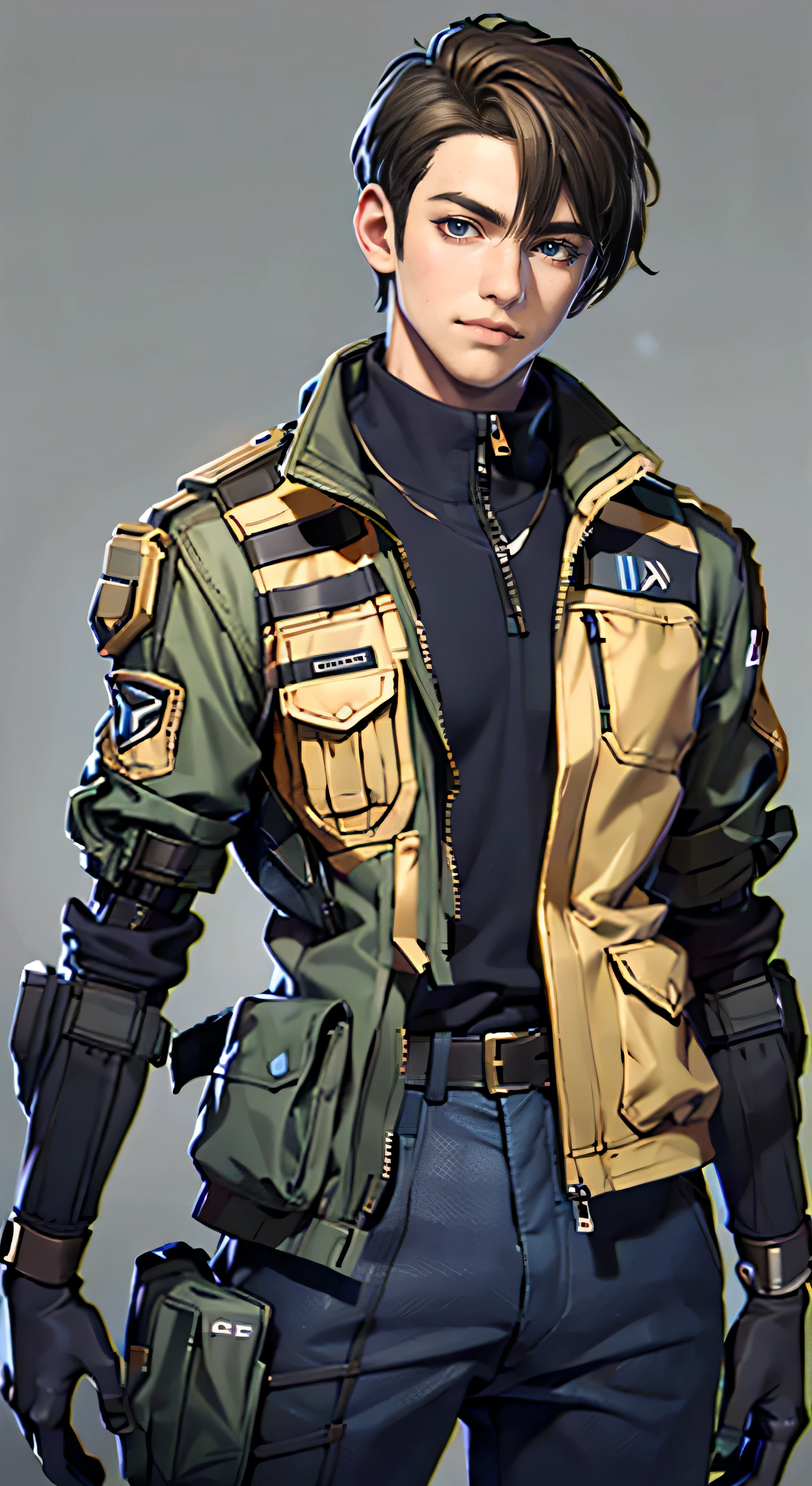 11:23(((best quality: 1.4))),(Unparalleled masterpiece), (Ultra high quality),(Hyper-realistic 8K CG)、(brown hair),(hands crossed at waist),(looking into camera), ((( Body))), (((1 boy in))), 25-year-old American soldier with perfect Body,,Beautiful and well groomed face,muscular Body:1.2,Solid royal blue jacket with details, (Pictures from head to thighs), Complex equipment,orange coat,trousers,The clothes inside are gray,Clothes with metal electronic parts,Tech Armor )